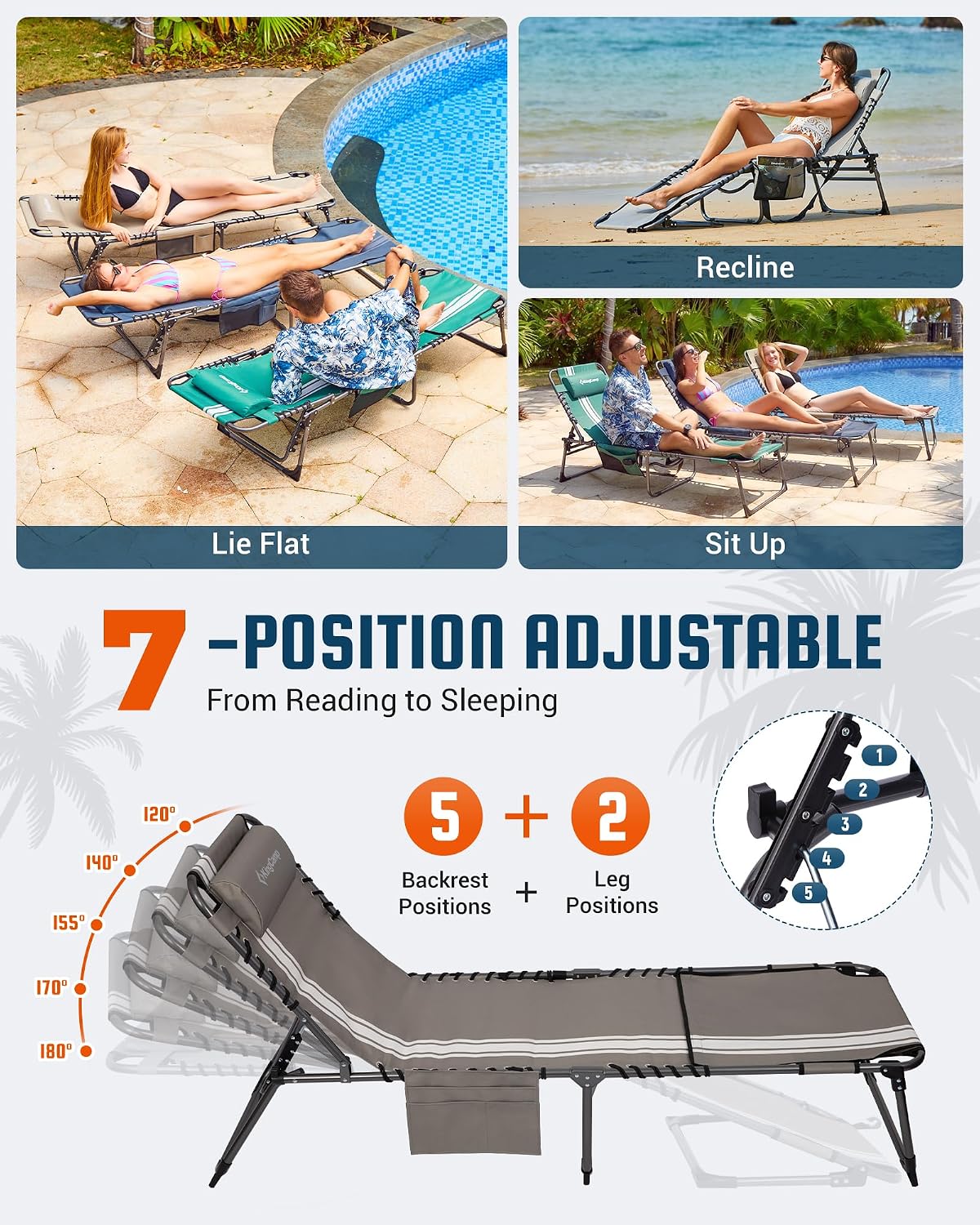 Thumbnail 4 de KingCamp Sun Lounger with Face Hole (up to 180 kg) – 5-position folding tanning chair for garden and beach