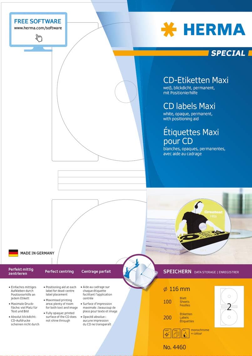 Detalle de HERMA 4460 CD- och DVD-etiketter för A4, Ø 116 mm, matta och ogenomskinliga