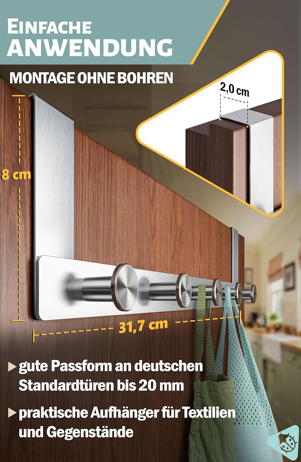 Thumbnail 4 de Menz Türgarderobe zum Einhängen aus Edelstahl mit runden Türhaken – Türhakenleiste ohne Bohren