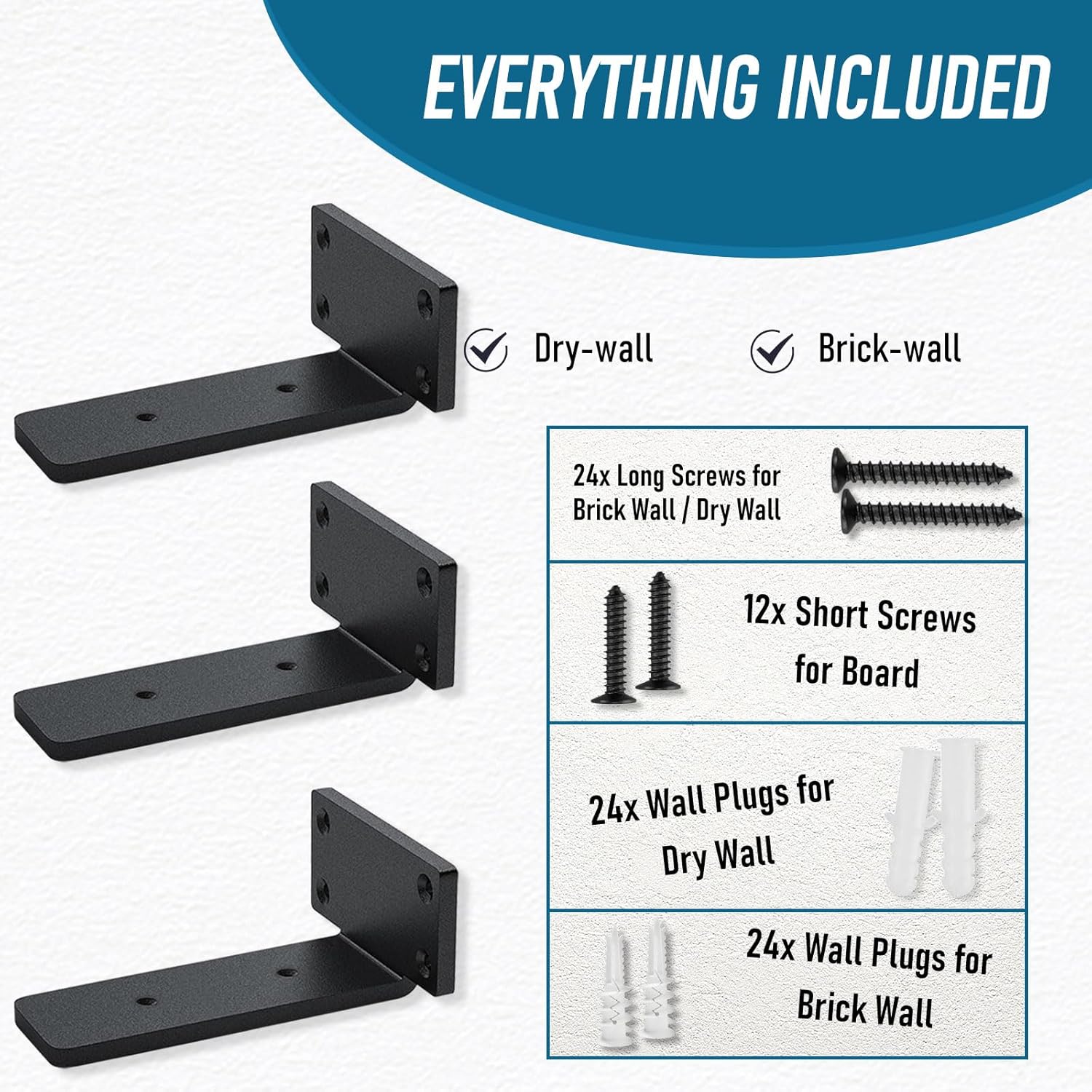 Thumbnail 3 de Heavy Duty Shelf Bracket 6 Pack — 25cm wall mounted angle floating shelf brackets (solid steel, black)
