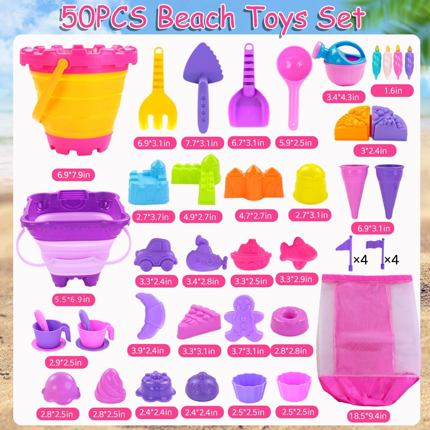 Thumbnail 6 de Elovien Beach Sand Toys set (50 pcs) with 2 collapsible sand buckets and mesh backpack bag