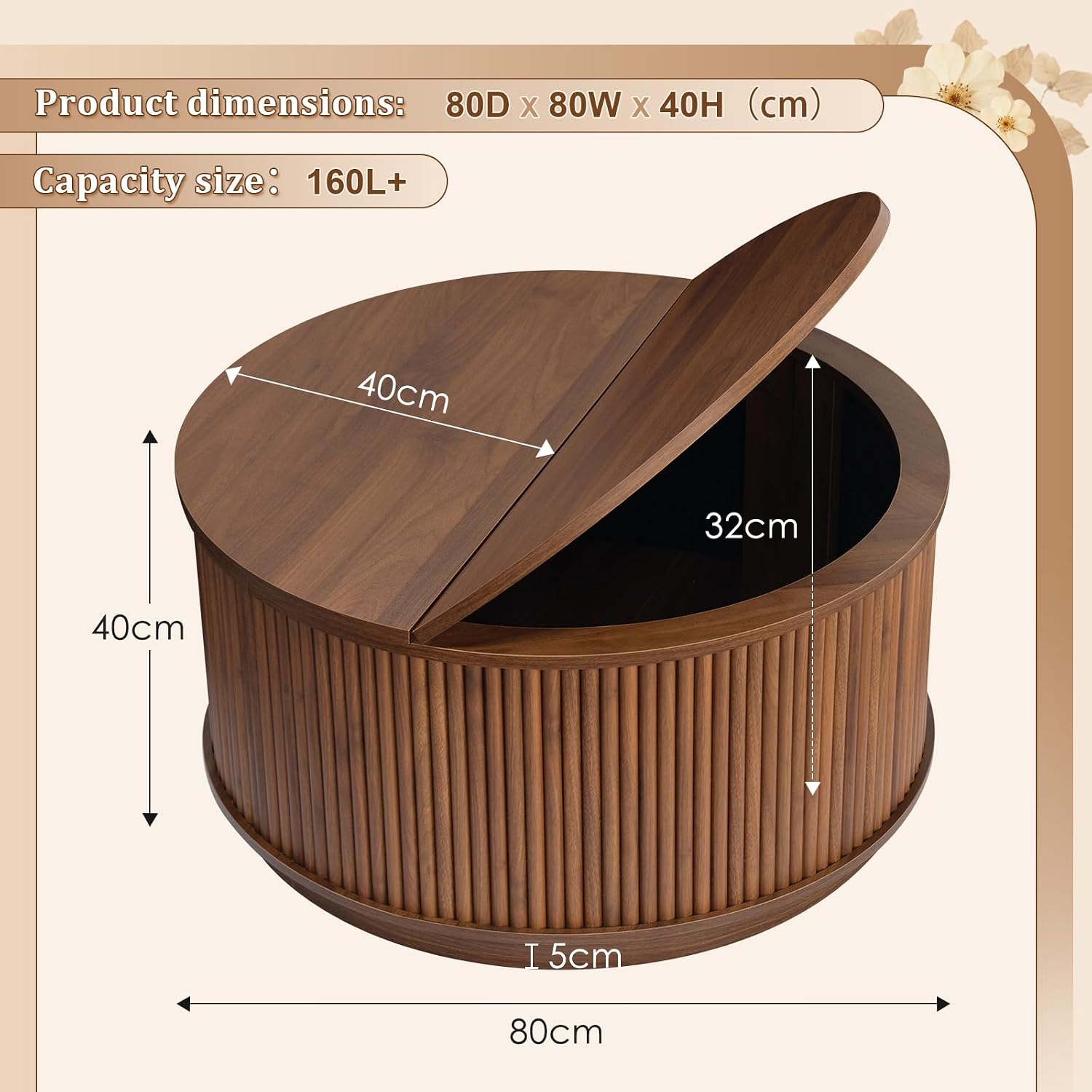 Detalle de LYNCOHOME LHCF172-WN Round Coffee Table, Walnut, Fluted Design with Hidden Storage
