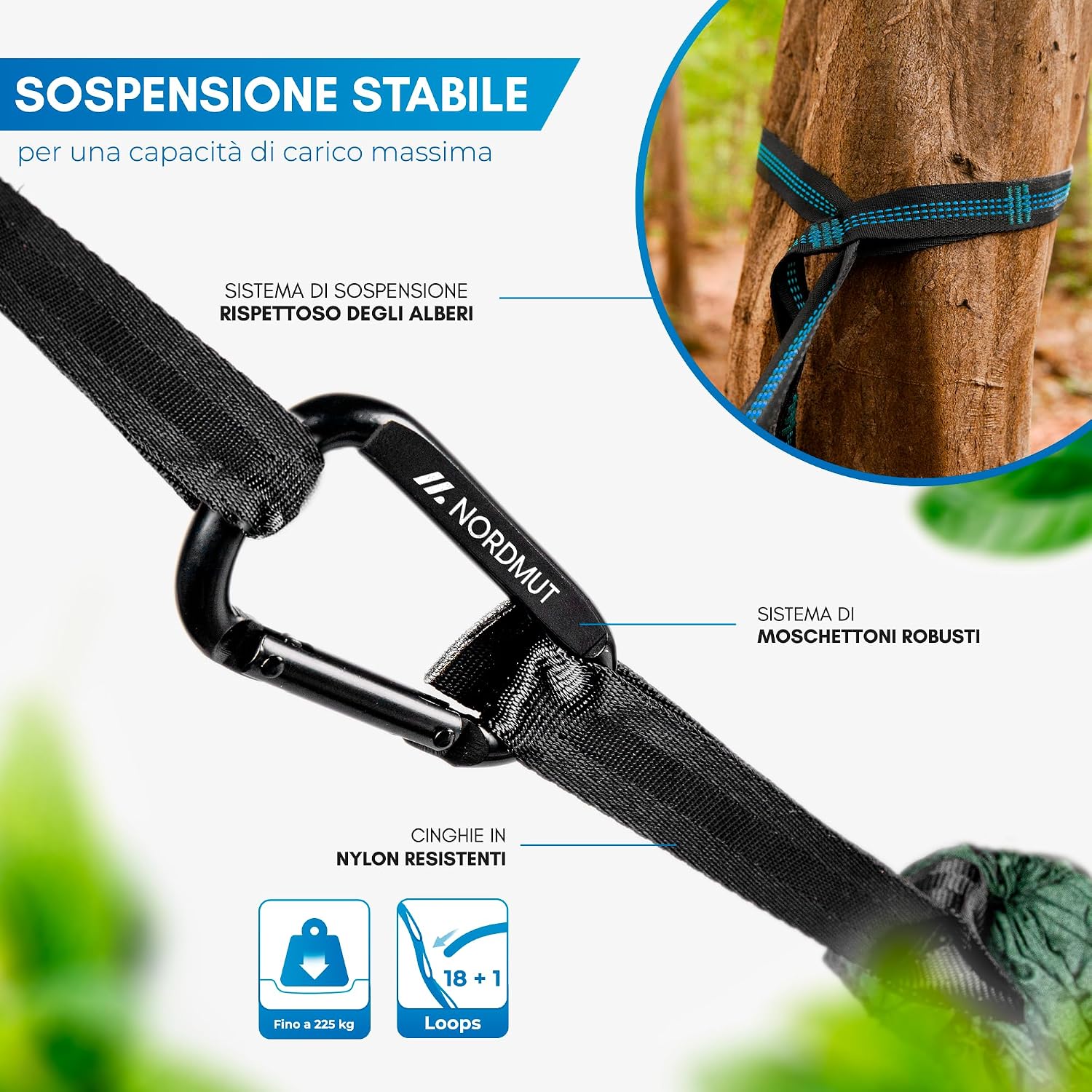 Thumbnail 1 de NORDMUT Amaca Ultralight Outdoor con Set di Fissaggi – Amaca da Campeggio 140 x 275 cm, Portata 300 kg, Blu