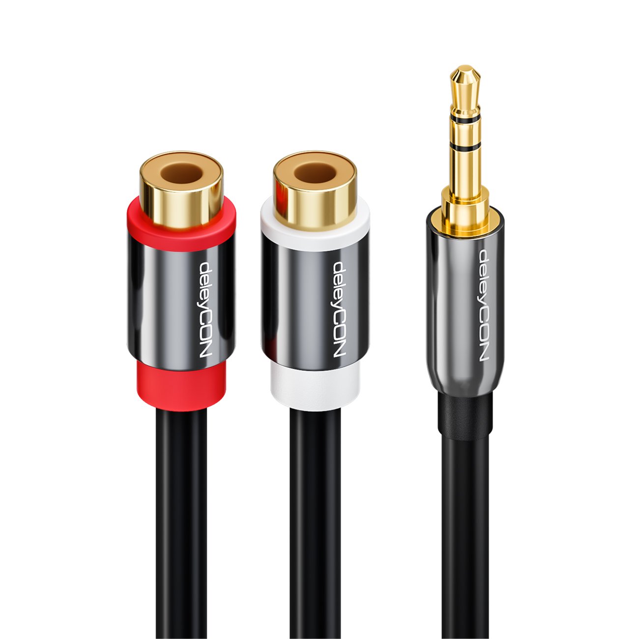 Detalle de deleyCON 20 cm Kurzes Stereo Audio Cinch zu Klinke Kabel – 3,5 mm Klinkenstecker zu 2x RCA Cinch Buchse, vergoldet, Metall, Schwarz