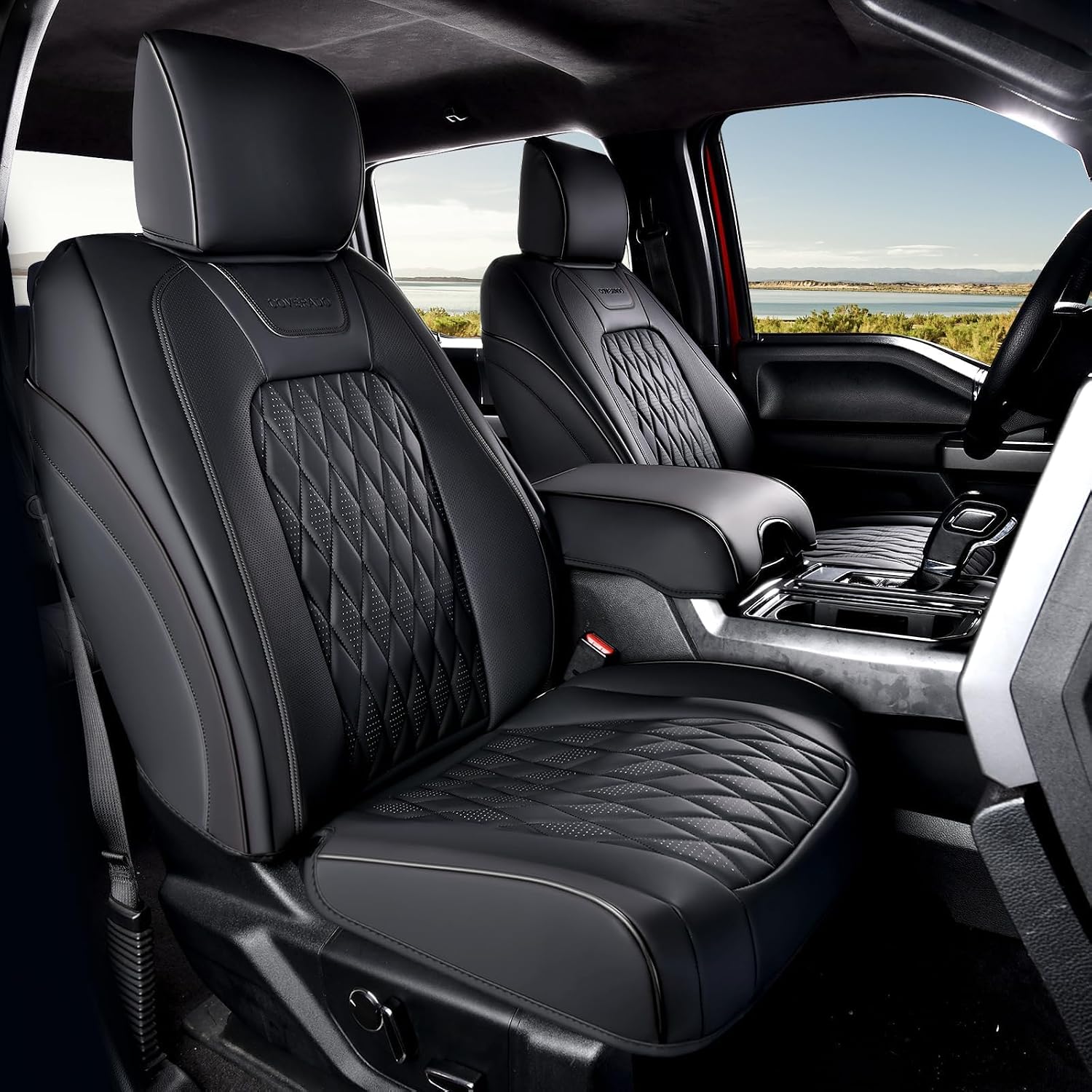 Detalle 2 de Coverado Leather Seat Covers Full Set for Ford F-150 F-250 F-350 F-450 (Black) — Crew Cab Only, Waterproof, Heated/Cooled Compatible
