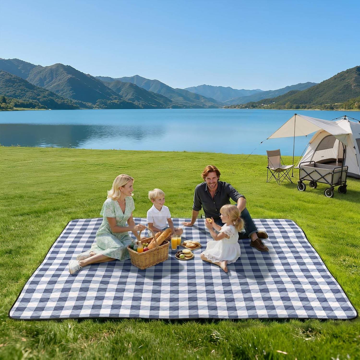 Detalle 2 de TigeJoy picnic mat 80 x 80-Inch Waterproof Picnic Blanket, Blue Plaid