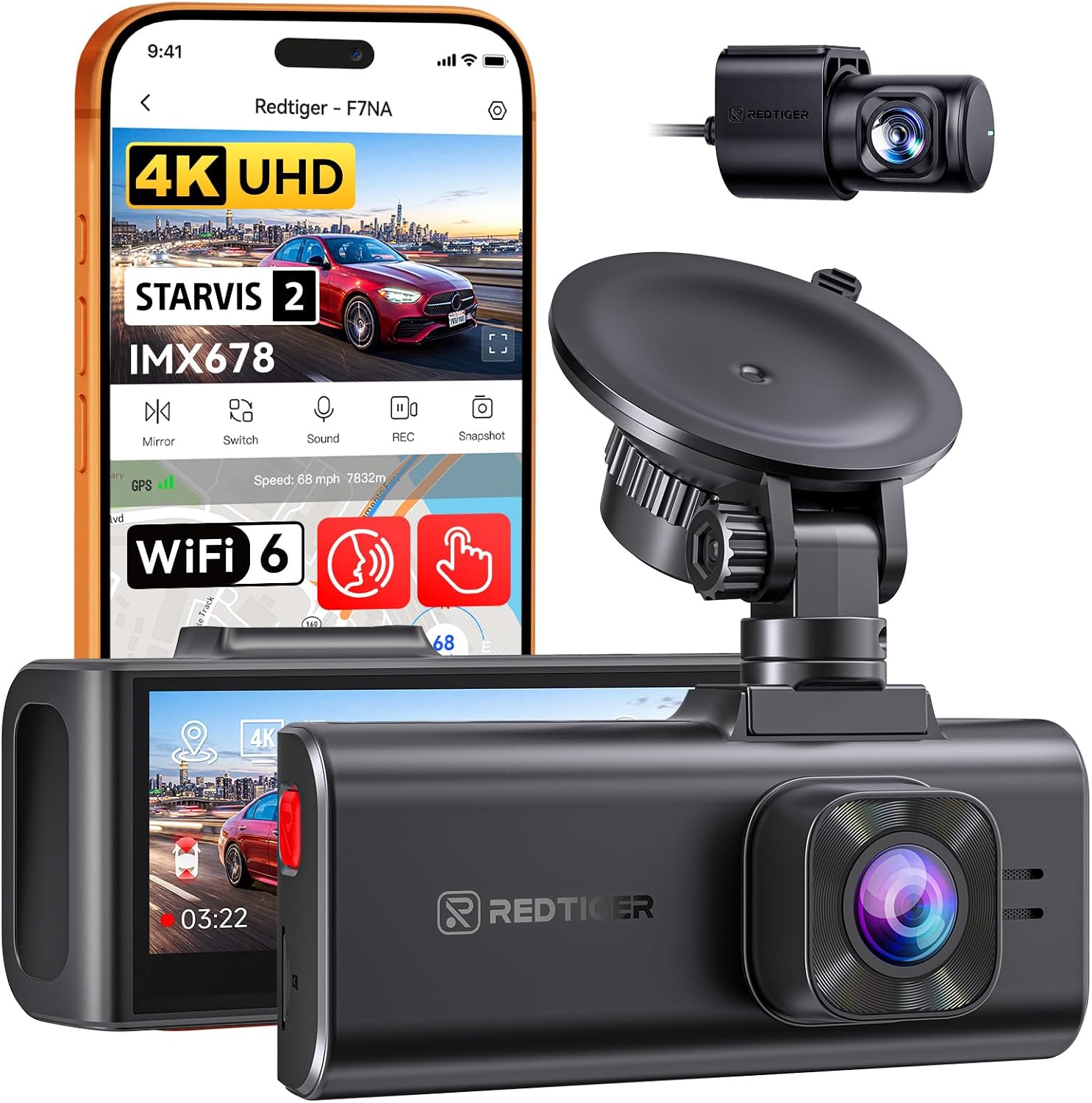 Detalle de REDTIGER F7NA 4K Dashcam Vorne + Hinten – STARVIS 2 IMX678, HDR, GPS, Sprachsteuerung & 24H Parküberwachung