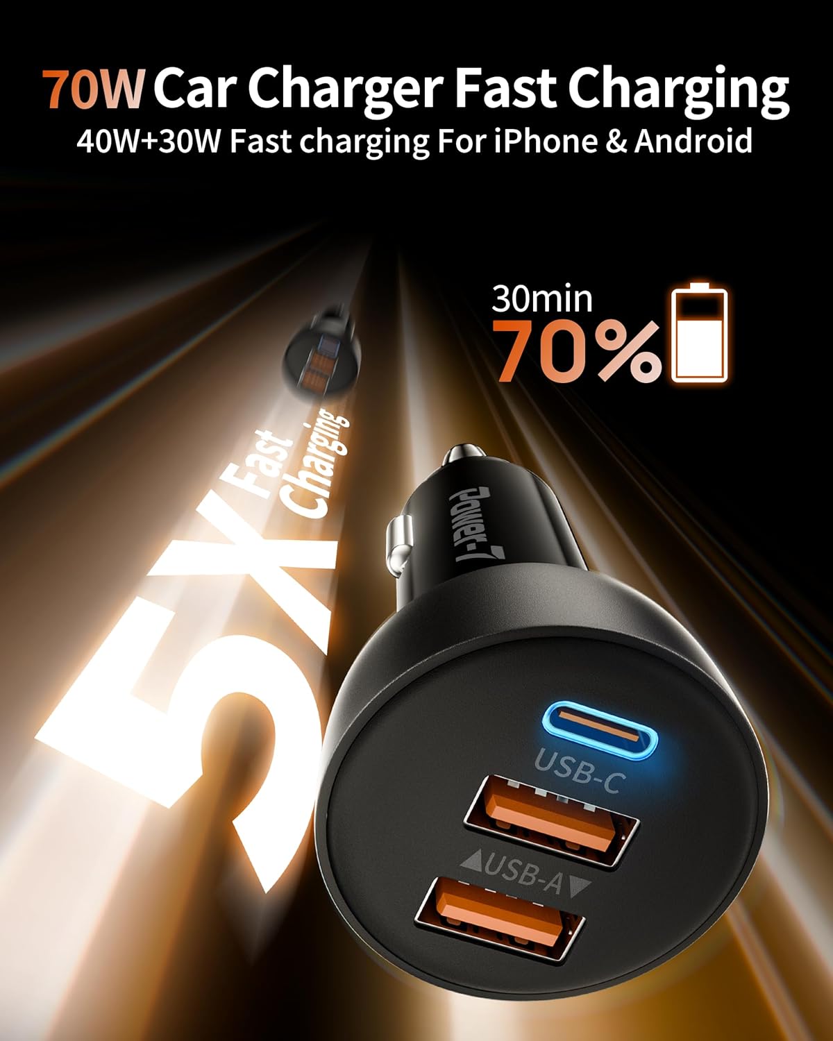 Thumbnail 1 de USB-C Car Charger 2-Pack (70W, 3-Port) with PD/QC Fast Charging for iPhone, iPad, Galaxy, Pixel & Android