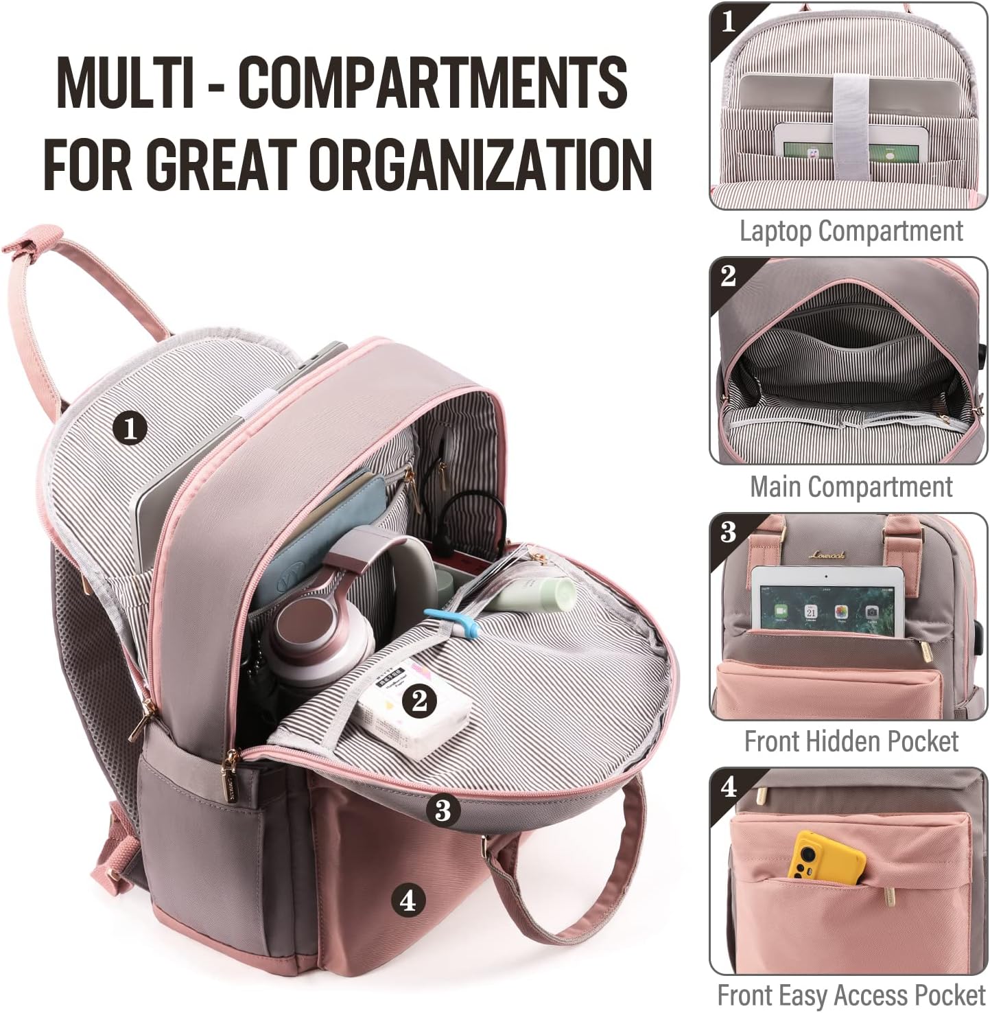 Detalle 2 de LOVEVOOK Zaino porta PC da donna da 15,6” impermeabile con porta USB e antifurto, rosa