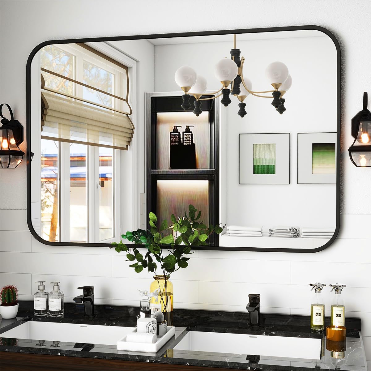Koonmi Miroir mural rectangulaire 75 x 122 cm à cadre métal noir, montage horizontal ou vertical