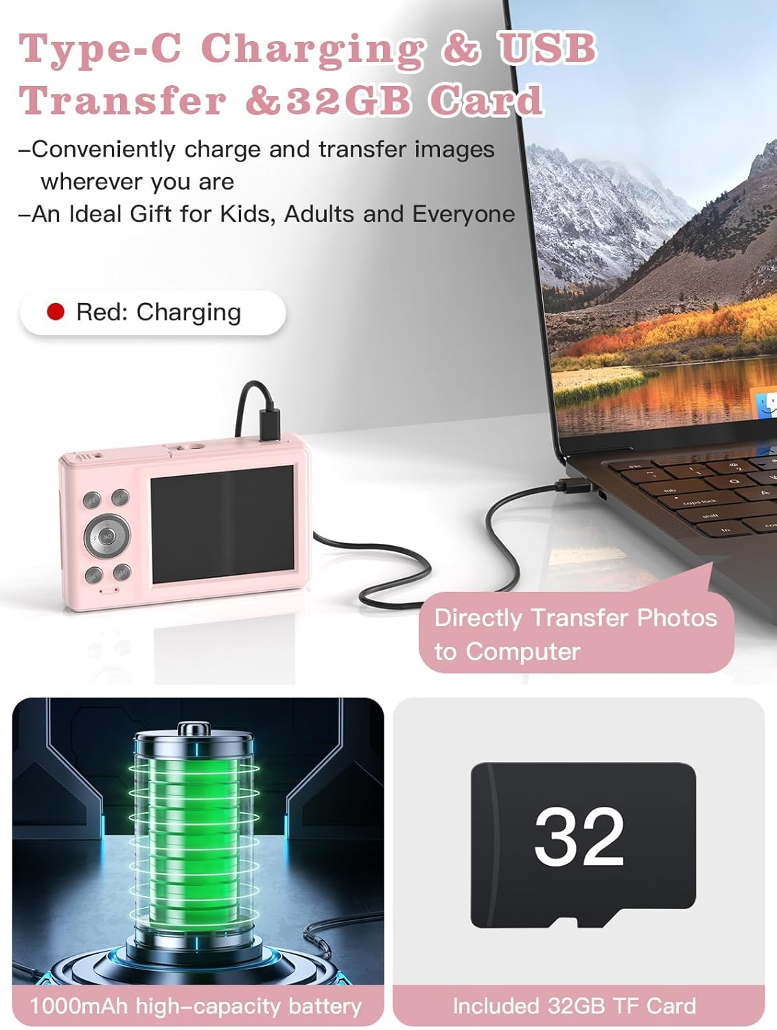Thumbnail 3 de Kids digital camera (56MP, FHD 1080P) with 16X zoom, anti-shake and 32GB TF card – Pink