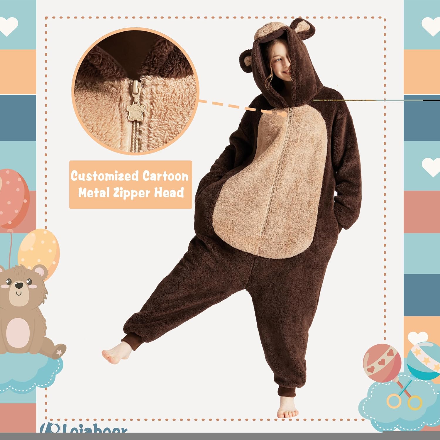 Detalle de Loiahoer Unisex Bear Onesie Pajamas in Shu Velveteen with Hood and Zipper