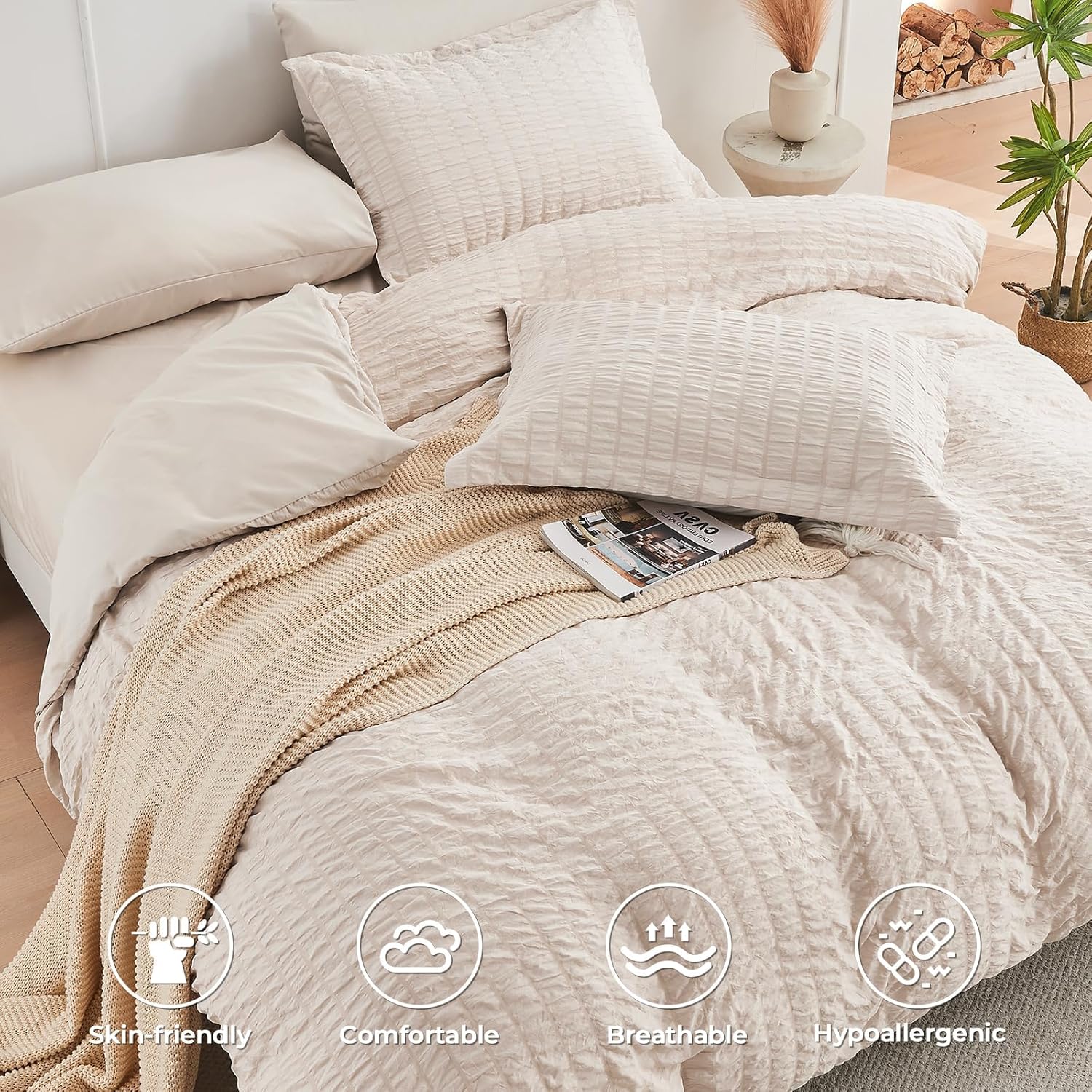 Thumbnail 1 de HYMOKEGE Beige Queen Duvet Cover Set (3-Piece) — Seersucker Microfiber with Zipper & 8 Corner Ties