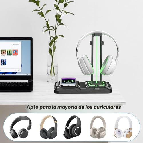 Detalle de KDD LED: Soporte para Auriculares Gaming con Carga Inalámbrica, Mando PS5 y Cascos – 2 USB, USB-C y 9 Modos de Luz