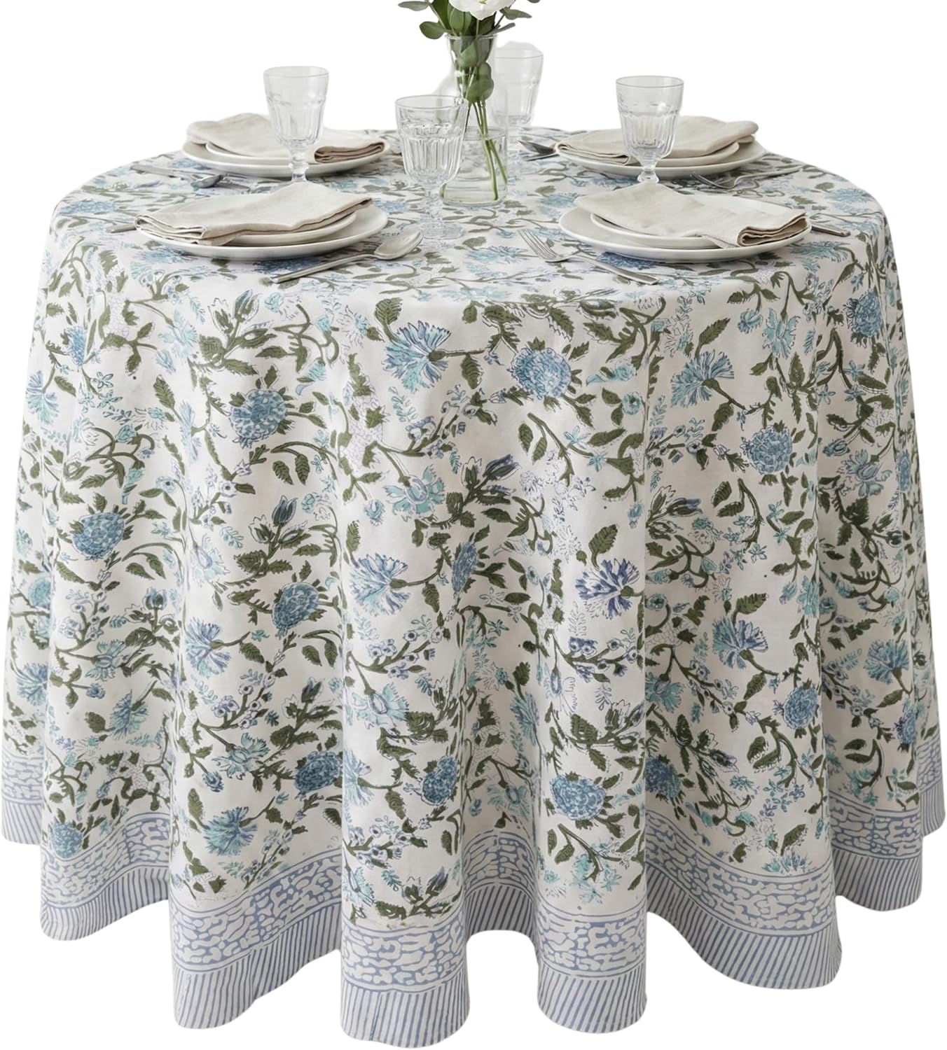 Detalle de ATOSII Mahoka Blue 90-Inch Round 100% Cotton Tablecloth