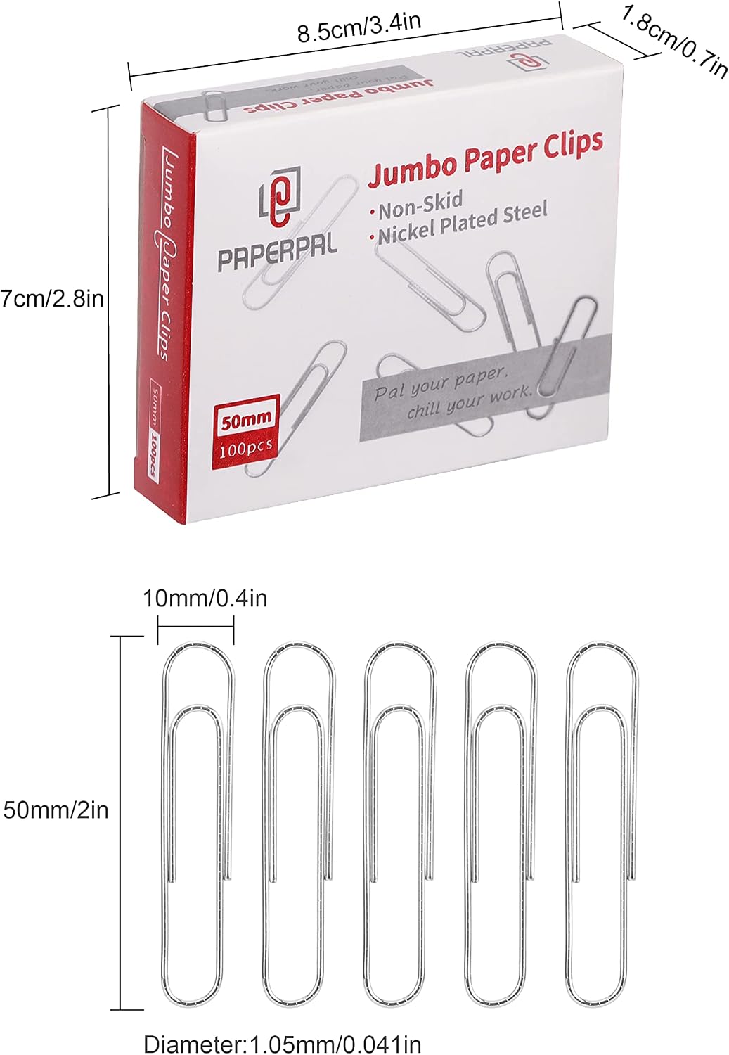 Detalle 2 de PAPERPAL Jumbo Non-Skid Paper Clips, 2-Inch Silver, 300 Count