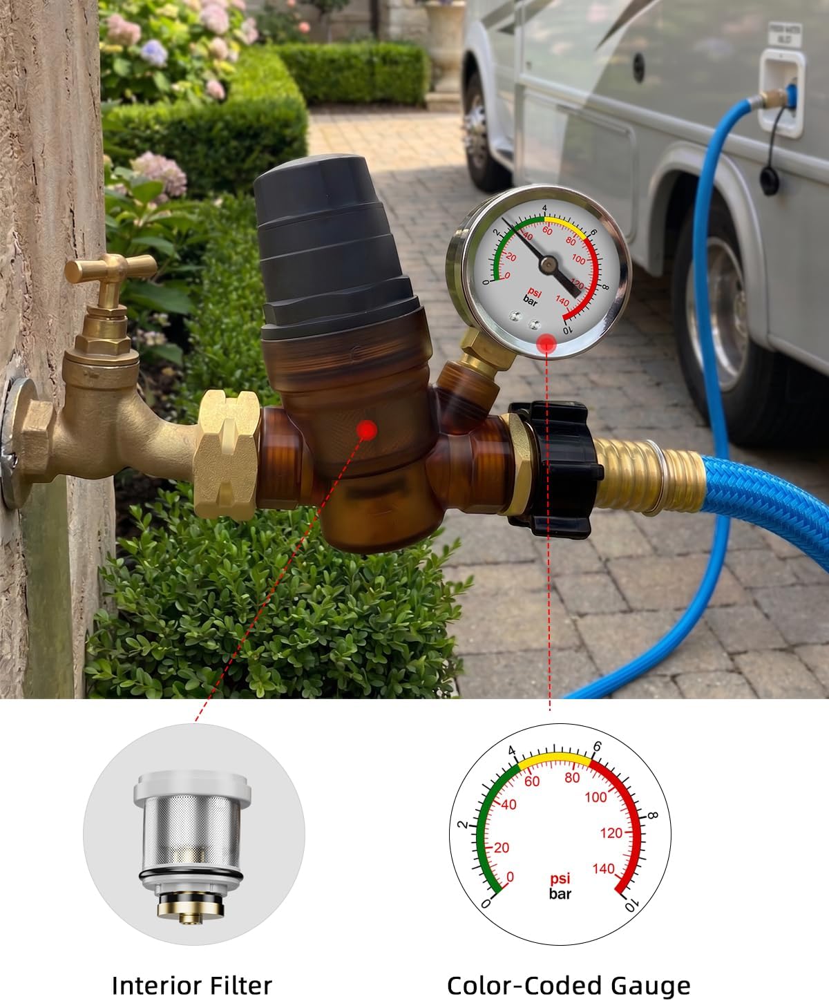 Thumbnail 3 de FOCSPROD RV Water Pressure Regulator with Gauge and Rotatable Scale