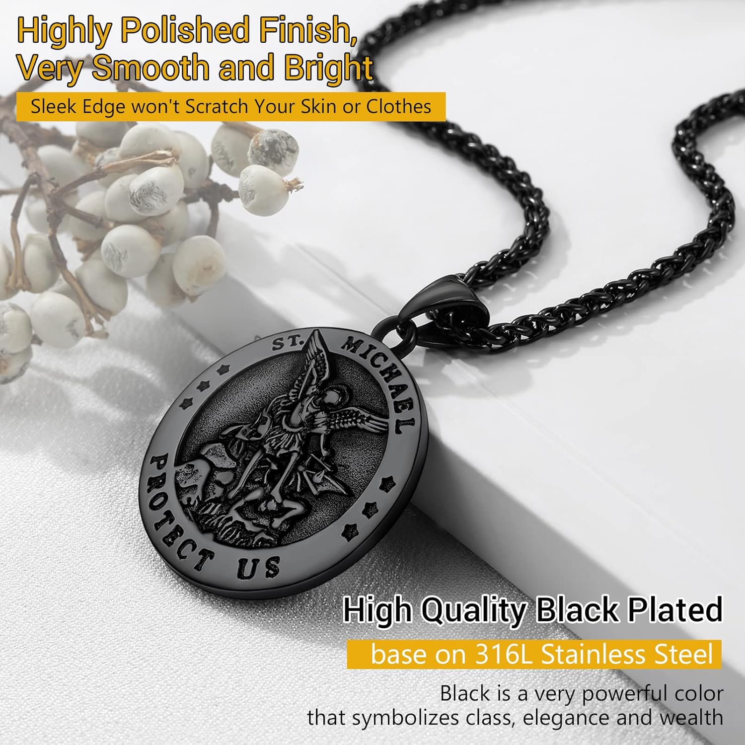 Thumbnail 3 de PROSTEEL Collier pendentif bouclier / médaille ronde & croix Saint Michel archange en acier inoxydable 316L et argent 925
