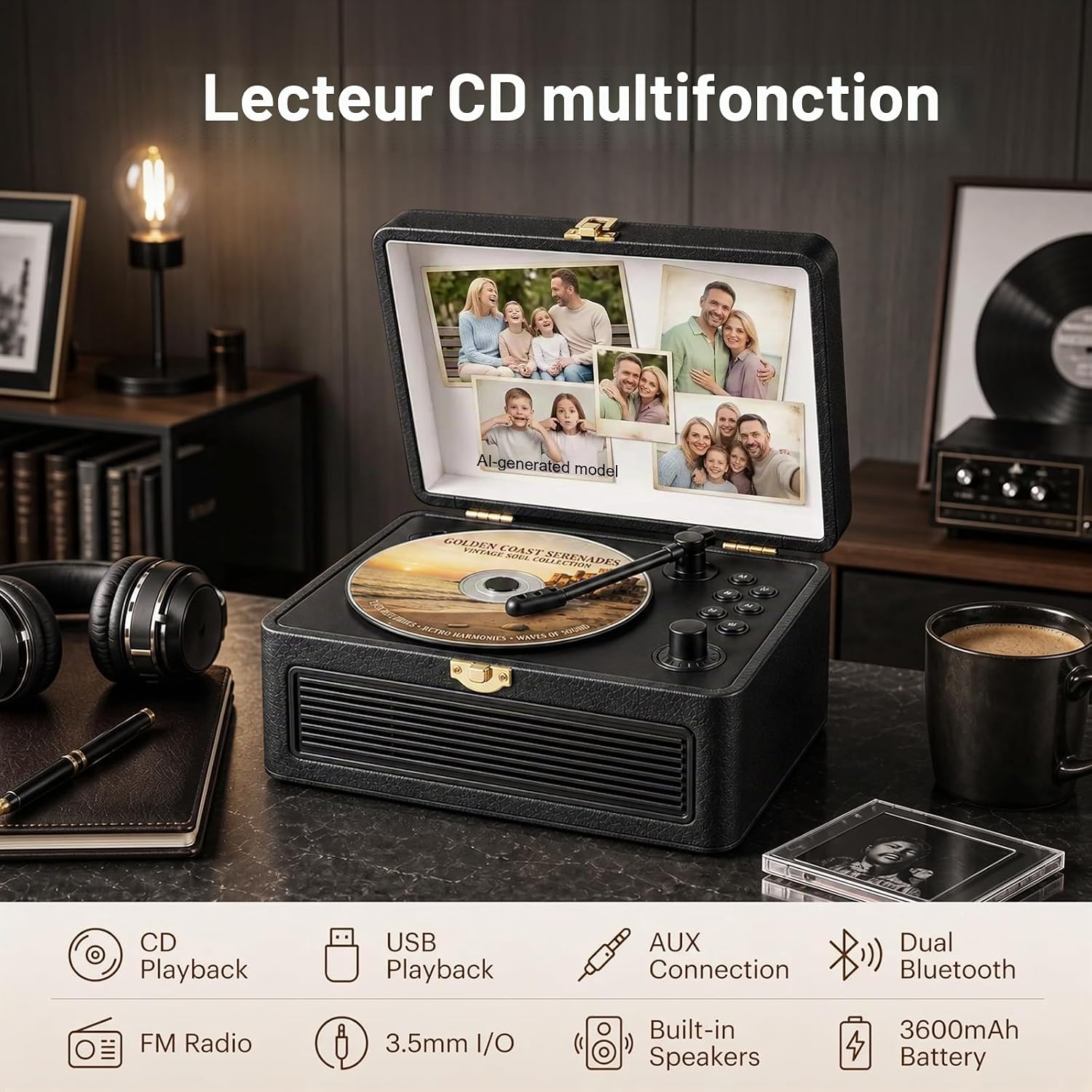 Thumbnail 1 de Gueray Lecteur CD Cuir Portable: lecteur CD vintage avec Bluetooth 5.2 et haut-parleurs 3600 mAh