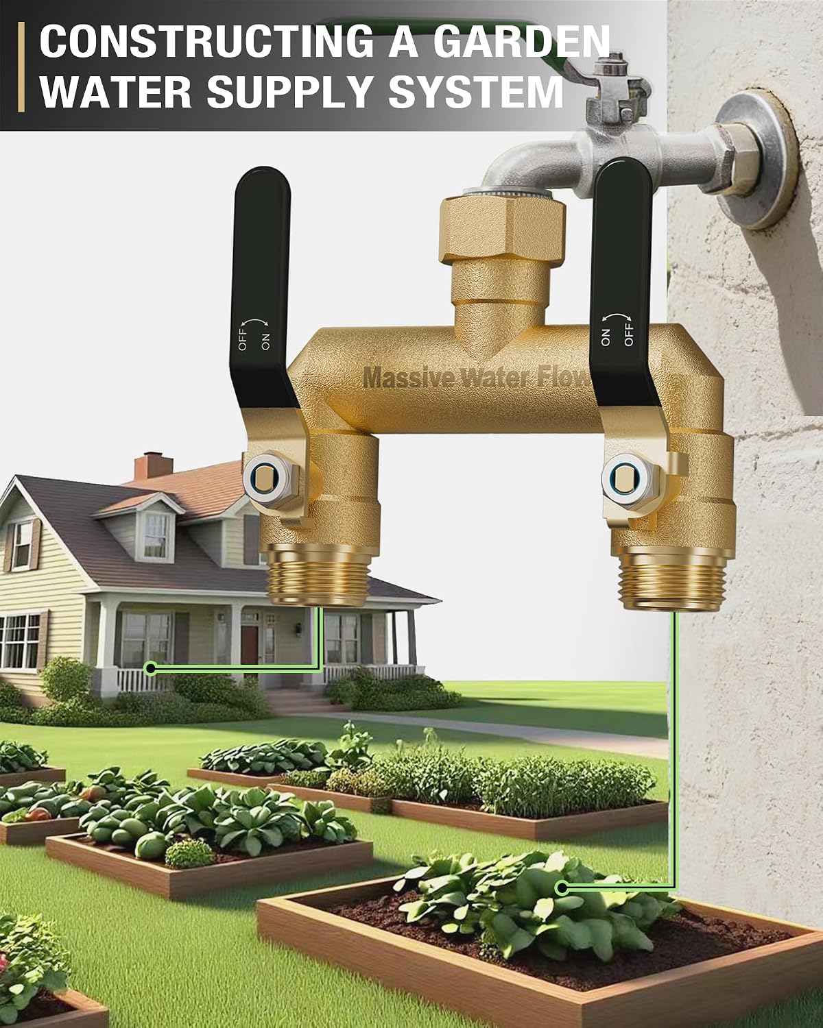 Detalle de HugWaFlw 2-Way Distributor: Solid Brass Garden Water Splitter for Two Devices