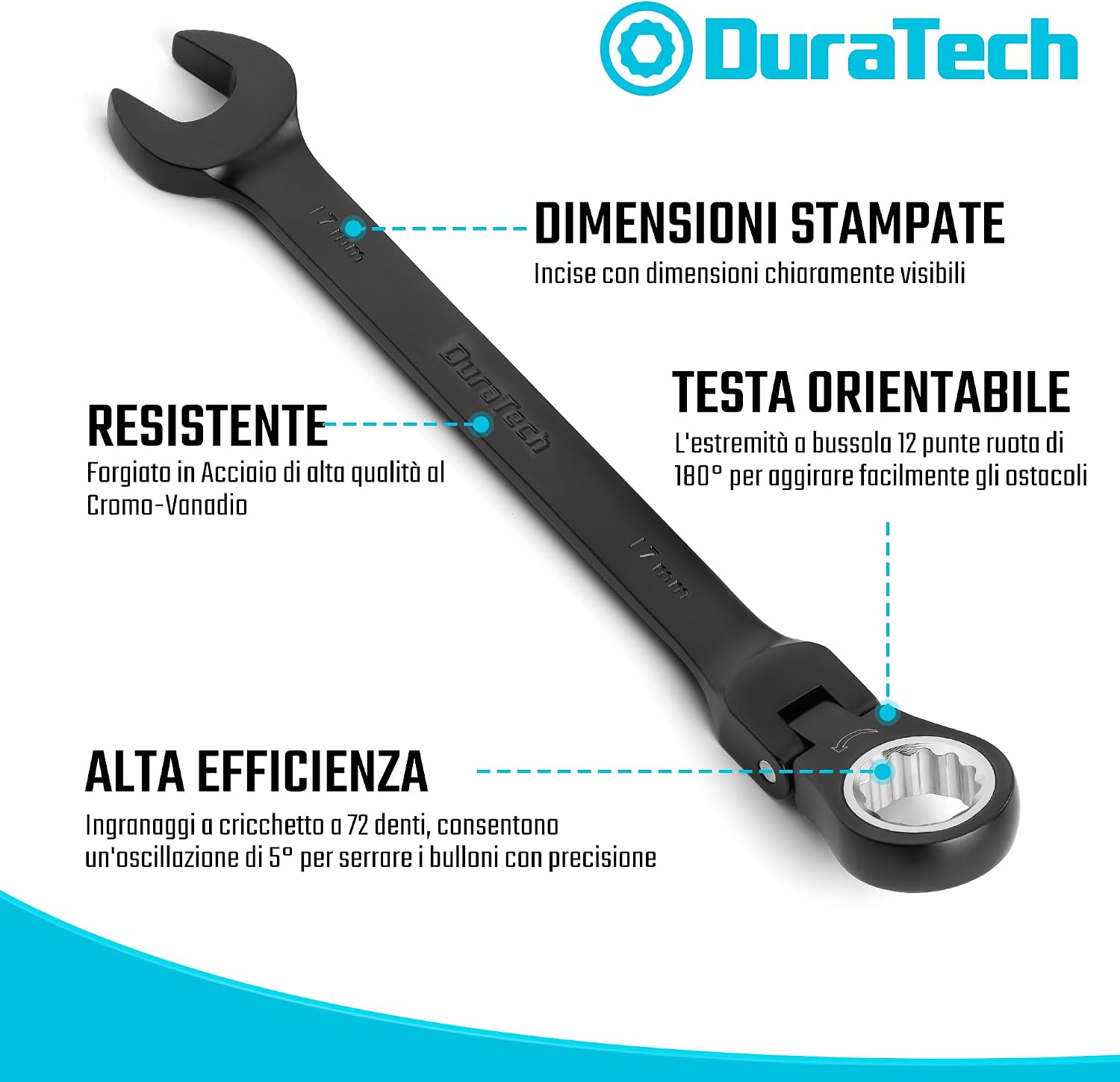 Thumbnail 1 de DURATECH set di chiavi combinate a cricchetto con testa flessibile, 72 denti (9 pezzi) con custodia