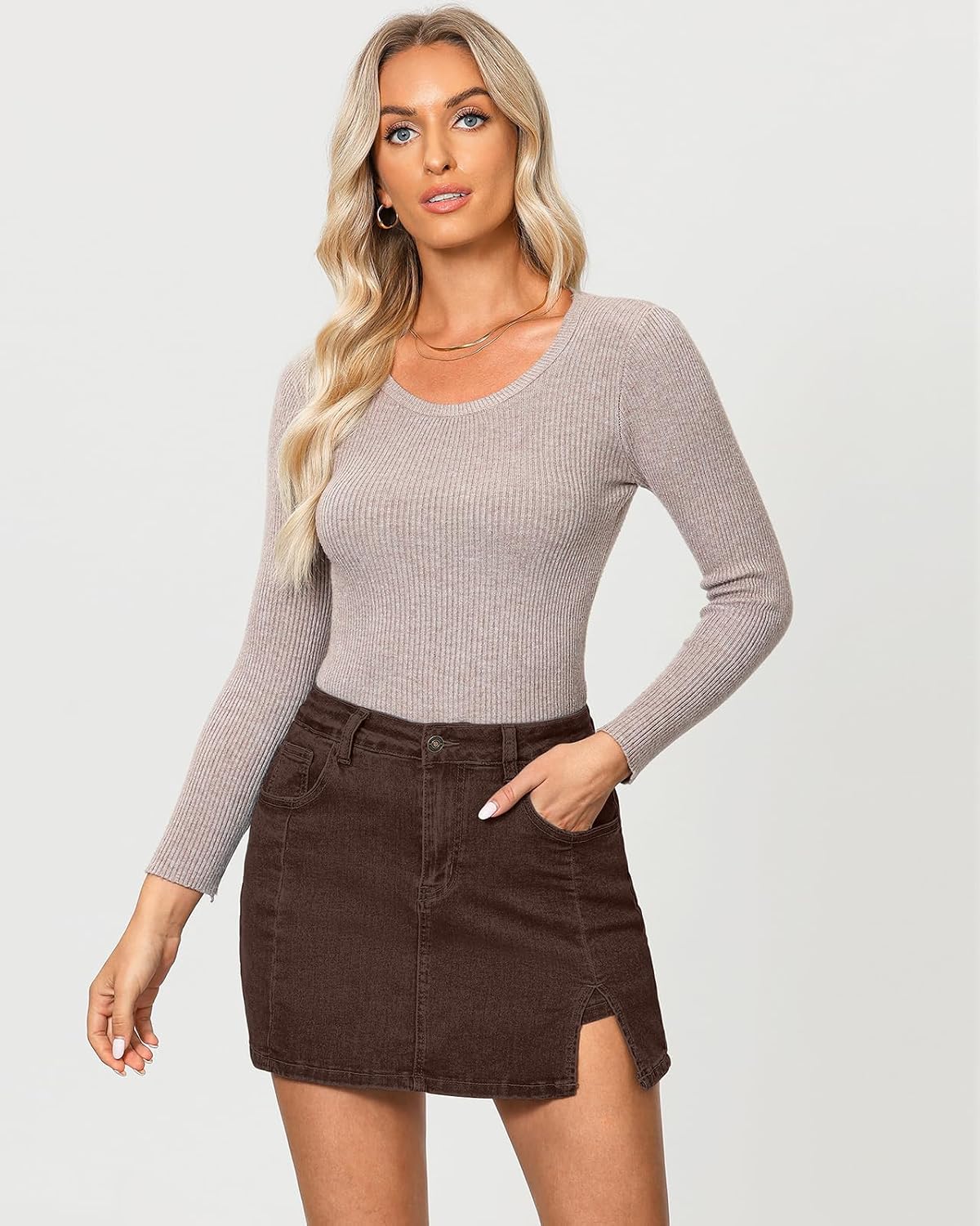 Thumbnail 2 de Vetinee Jean Skorts for Women: High-Waisted Denim Skort with Slit, Pockets, and Stretchy Comfort