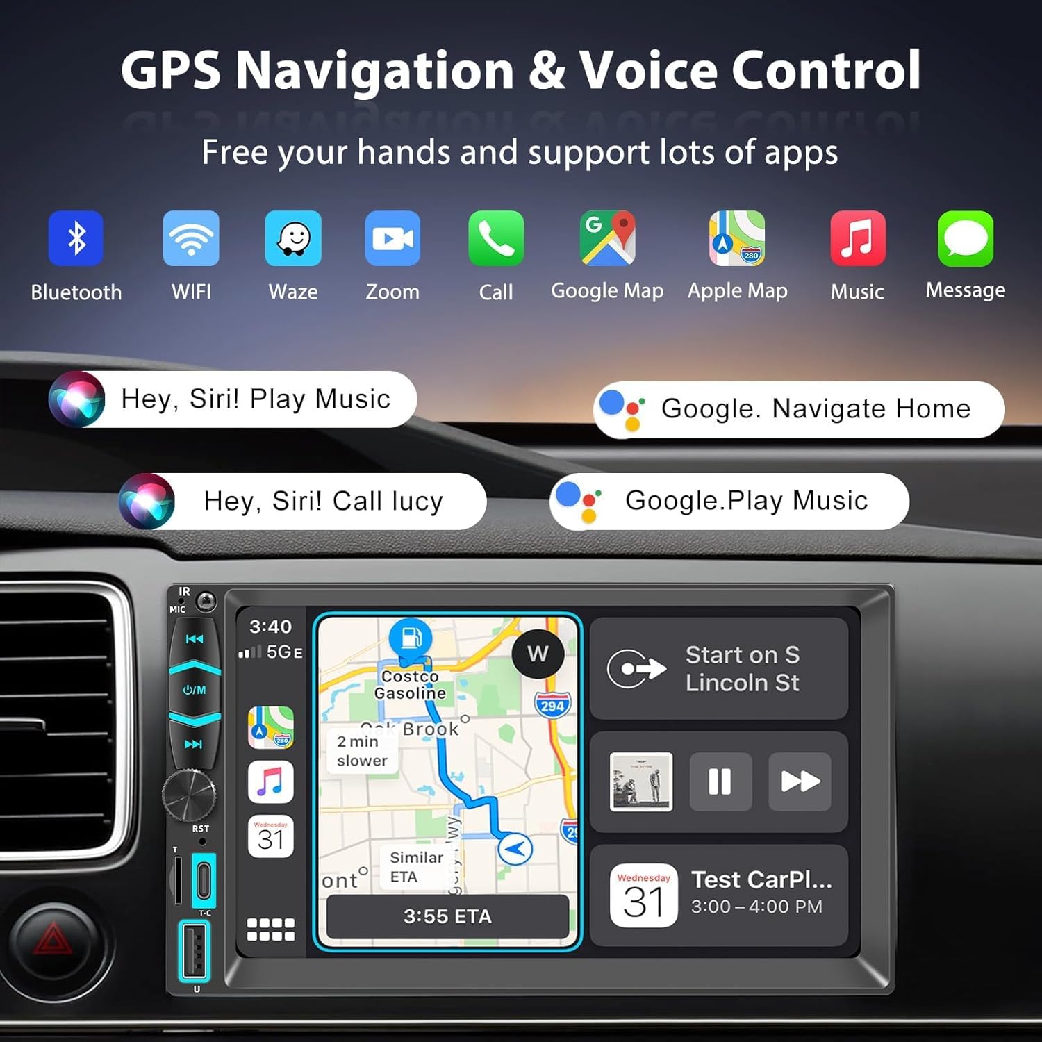 Detalle de Autoradio 2 DIN Bluetooth con CarPlay Wireless & Android Auto Wireless 7'' Touchscreen