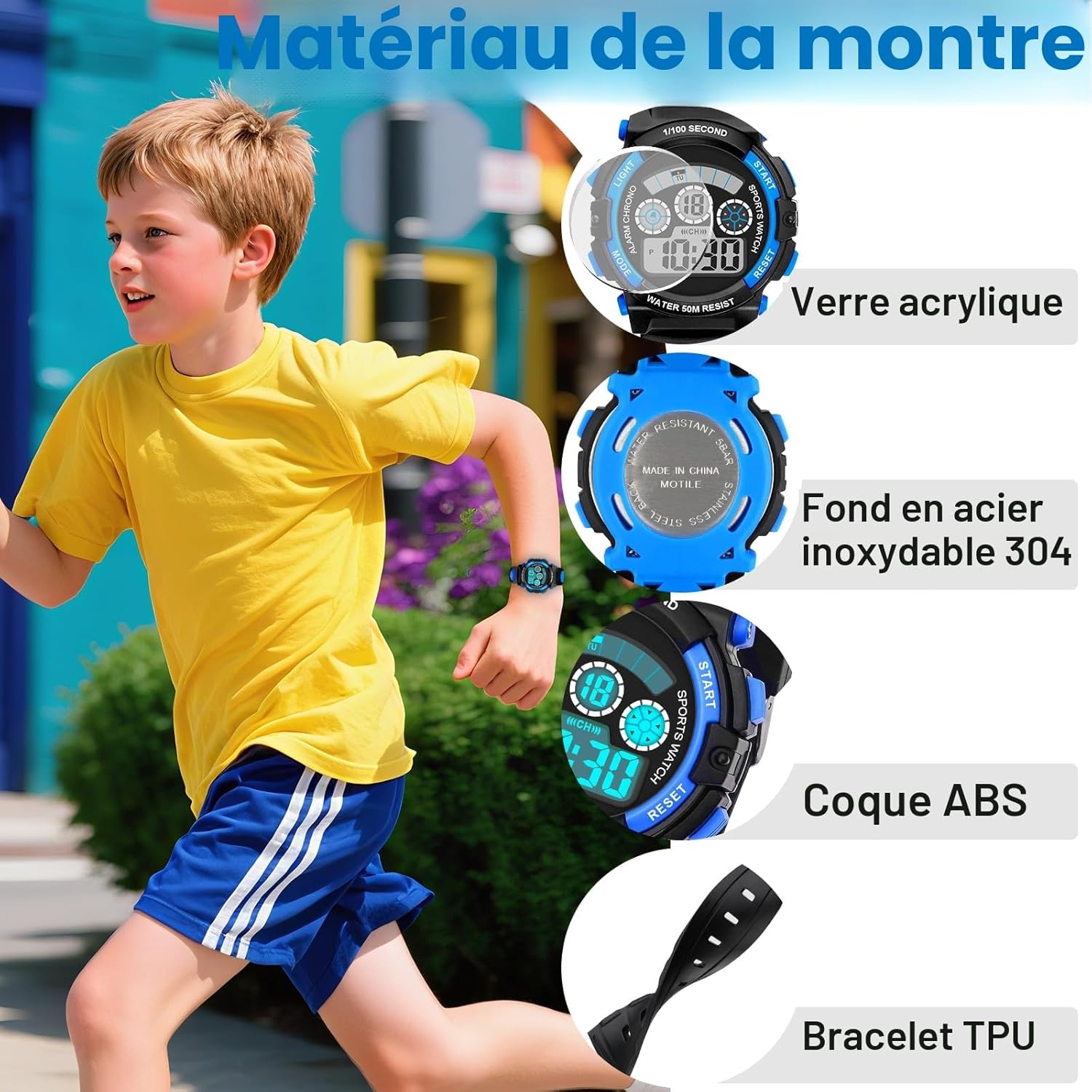 Detalle de DTKID Montre Digitale pour Enfants et Ado — 7 couleurs LED, 5ATM, Chronomètre et Alarme