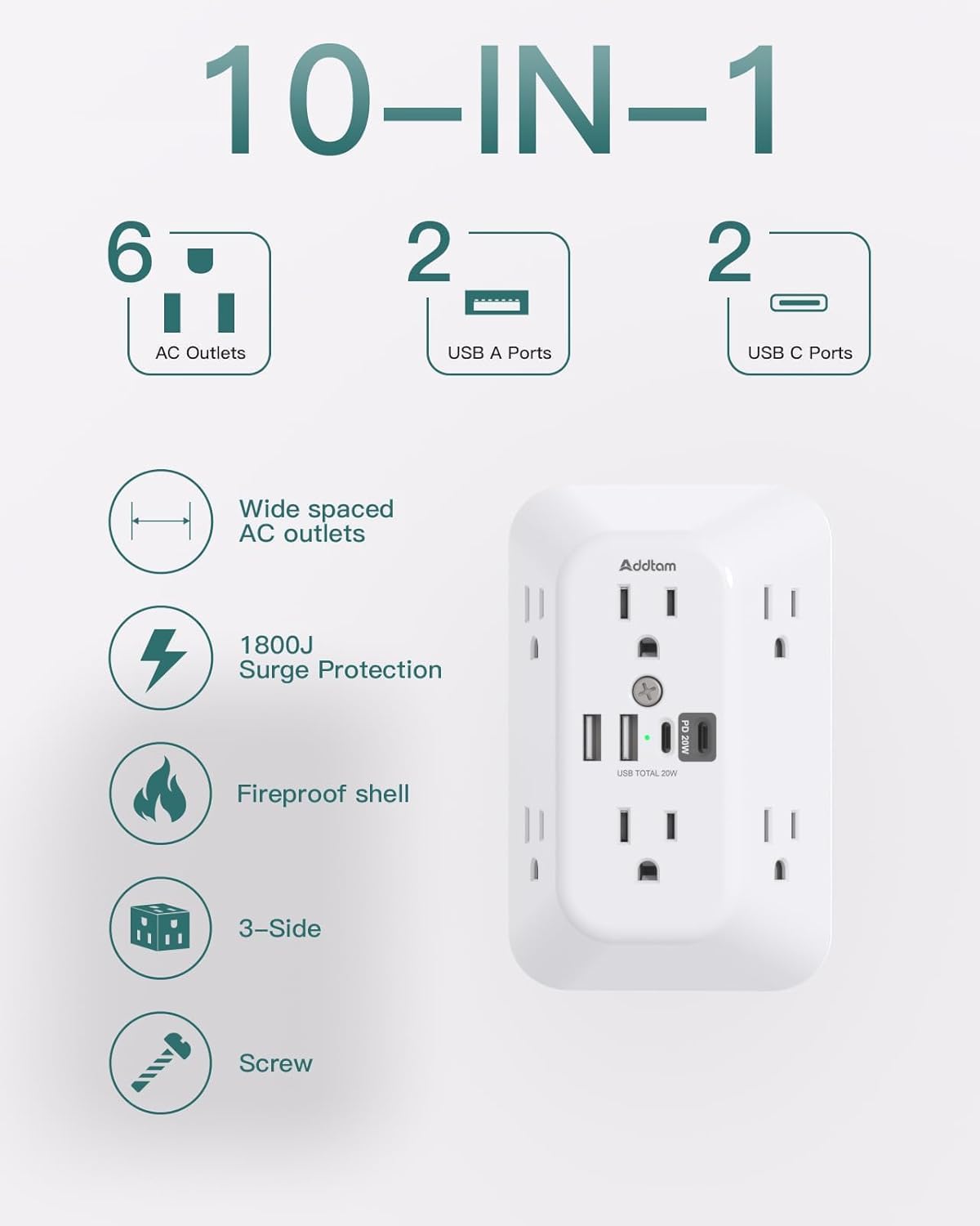 Detalle de Addtam Surge Protector Outlet Extender 1800J