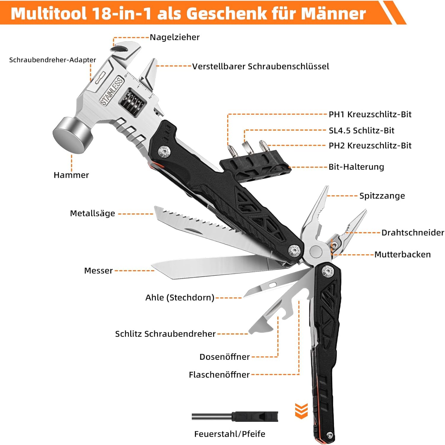 Thumbnail 2 de Olubfdh 18 in 1 Multi Tool mit faltbarer Zange und Hammer – kompakt, robust und vielseitig