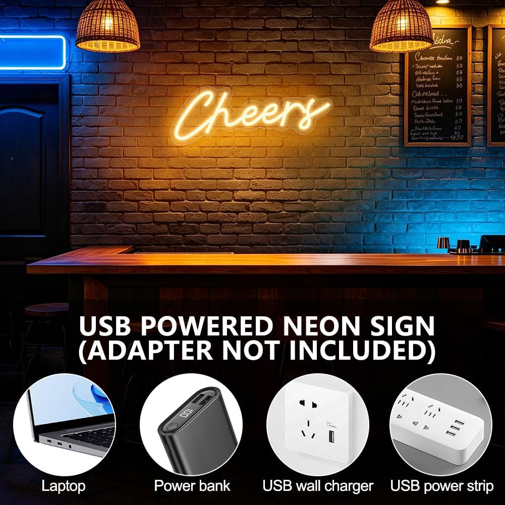 Detalle 1 de AOOTE 6314110 Cheers LED Neon Sign, Warm White, USB-Powered, 6 Brightness Levels