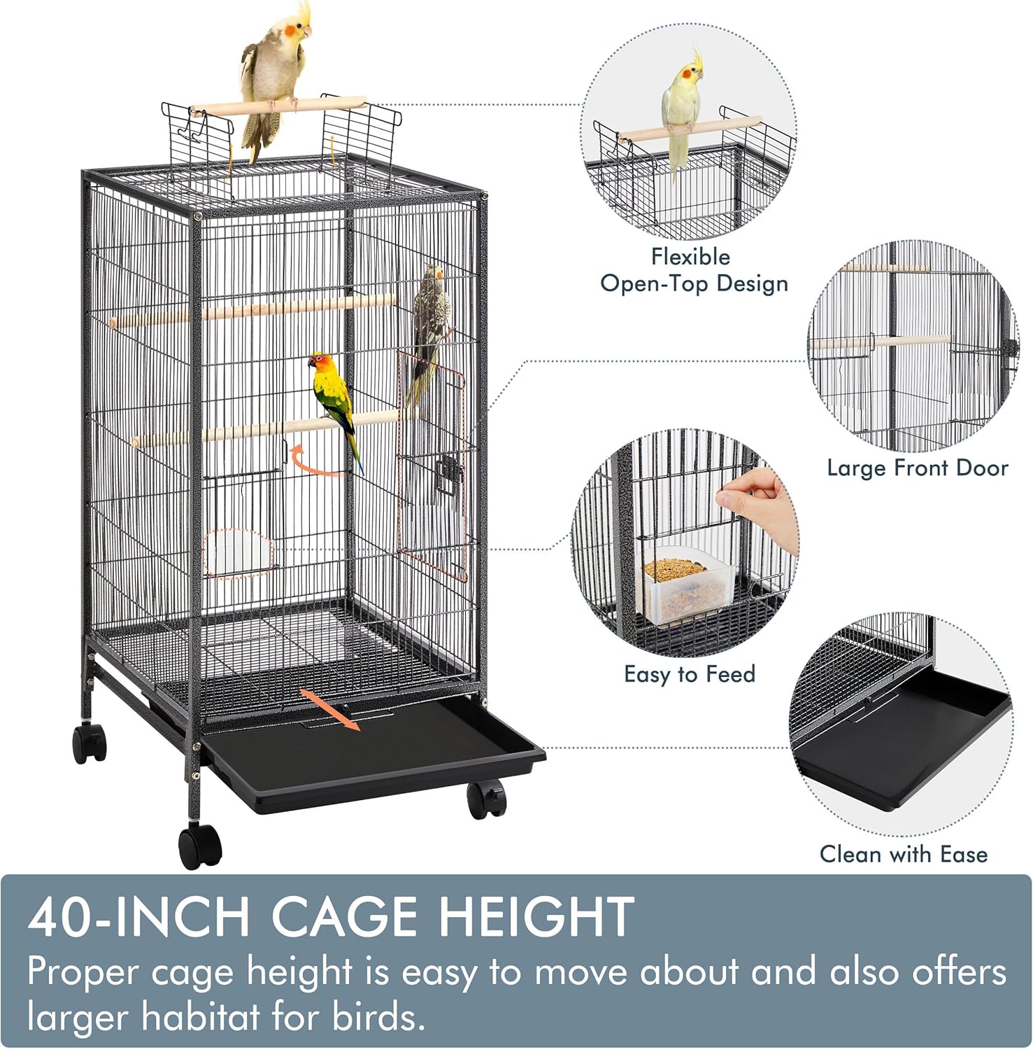 Detalle 1 de Yaheetech 100.5cm Iron Open-Top Bird Cage with Rolling Stand (45.5 x 45.5 x 100.5cm) for Budgies, Parakeets & Lovebirds