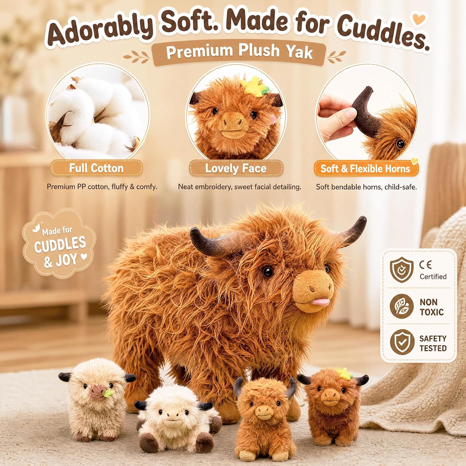 Detalle de OUOZZZ Highland Cow Kuscheltier 36 cm mit 4 Babys im Bauch – 2-in-1 Plüschtier mit verstecktem Reißverschluss