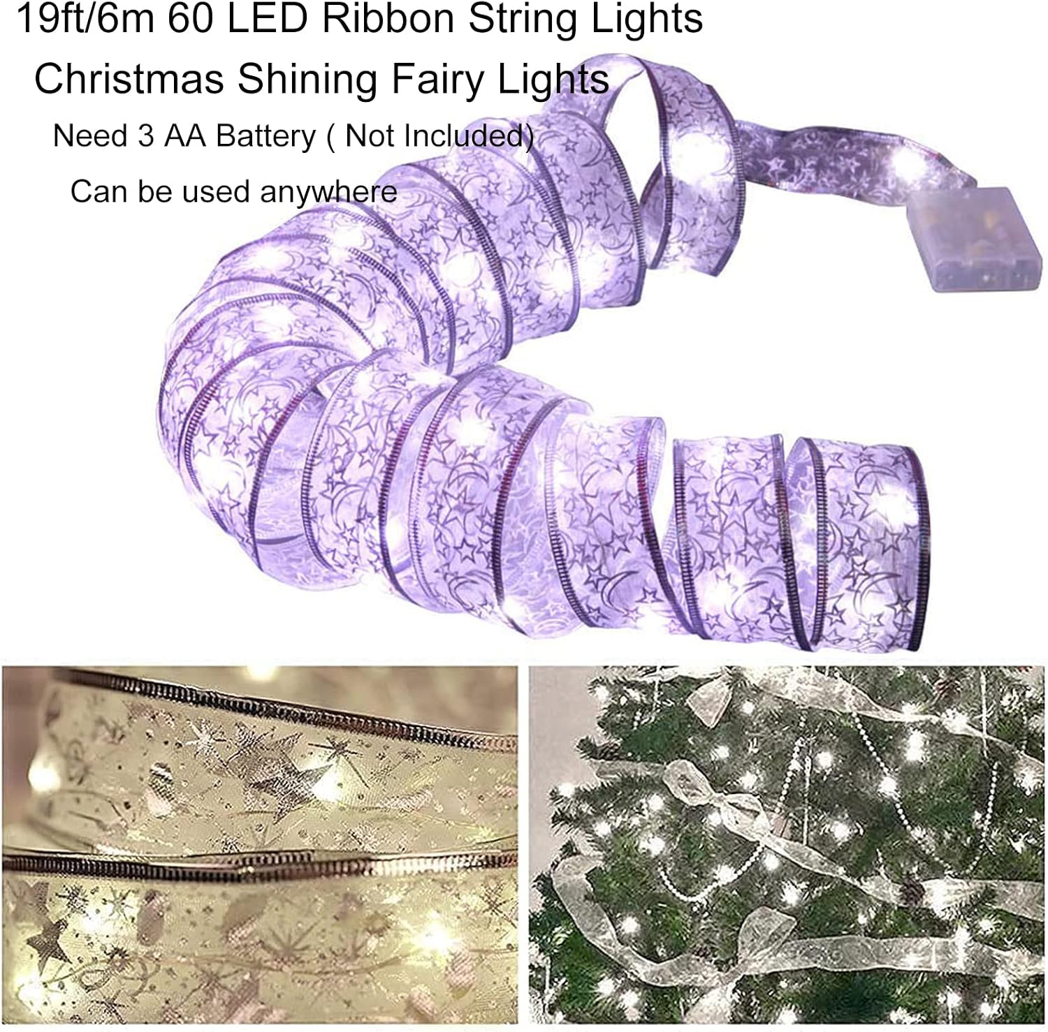 Detalle de Fuanxo Christmas Tree Ribbon Fairy Lights, 6 m, Silver, 60 Warm-White LEDs