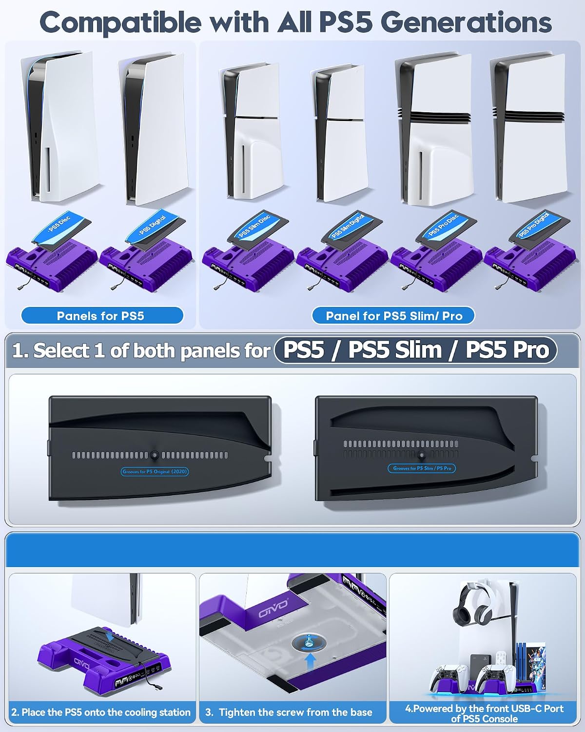 Detalle 2 de OIVO VG-P5329XPU-PRO PS5 Stand with 3-Speed Fan, Dual Charging and Game Storage