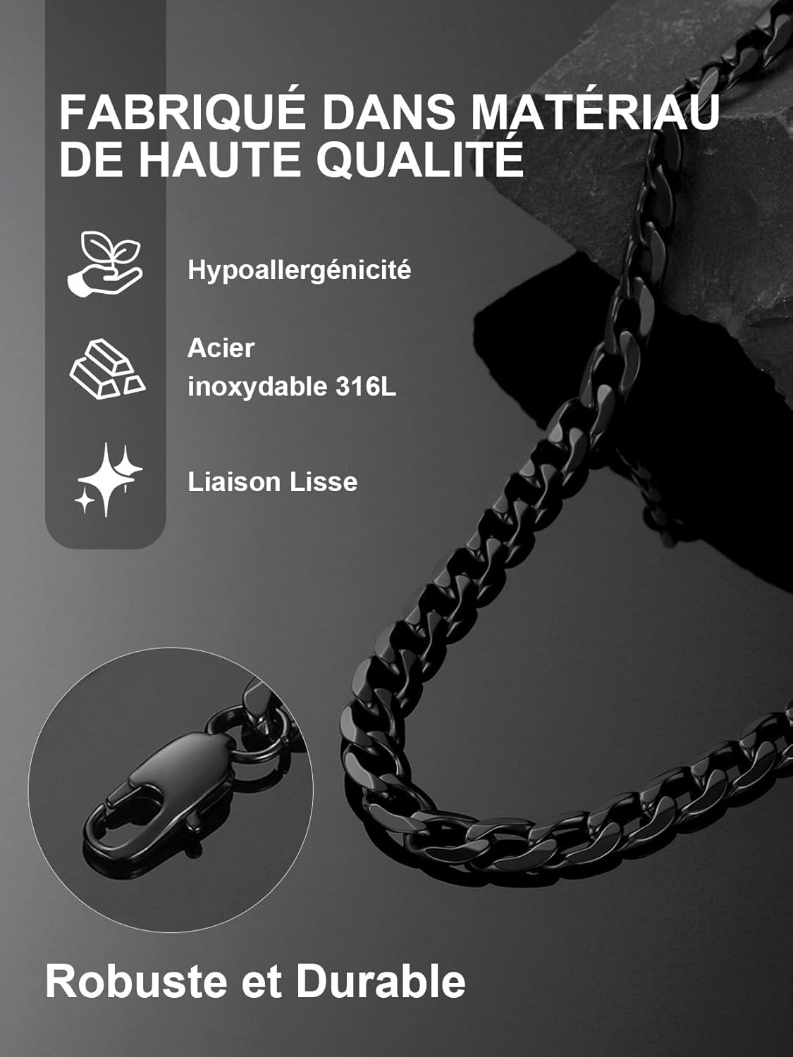 Thumbnail 2 de ChainsPro Chaîne cubaine en acier inoxydable 316L (4/6/9/13 mm) Argent/Noir/Or – collier hip-hop homme, coffret cadeau