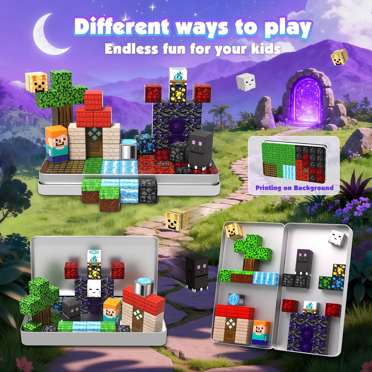 Thumbnail 2 de GraceDuck Magnetic Blocks with Iron Box: Obsidian Nether Portal 45 PCS Travel Set