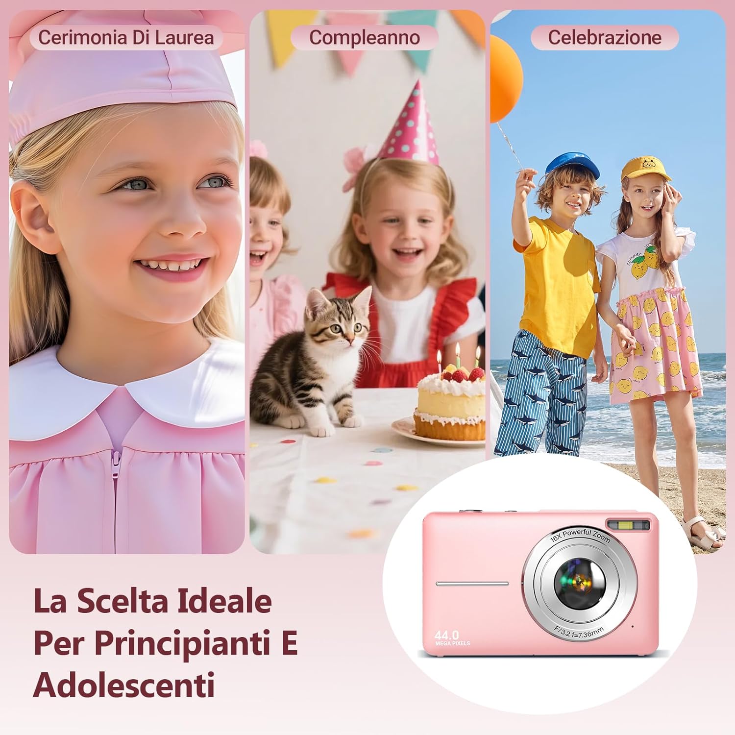 Thumbnail 6 de Fotocamera digitale 44MP con video HD 1080P, anti-shake e display IPS da 2,4" (zoom digitale 16X) rosa