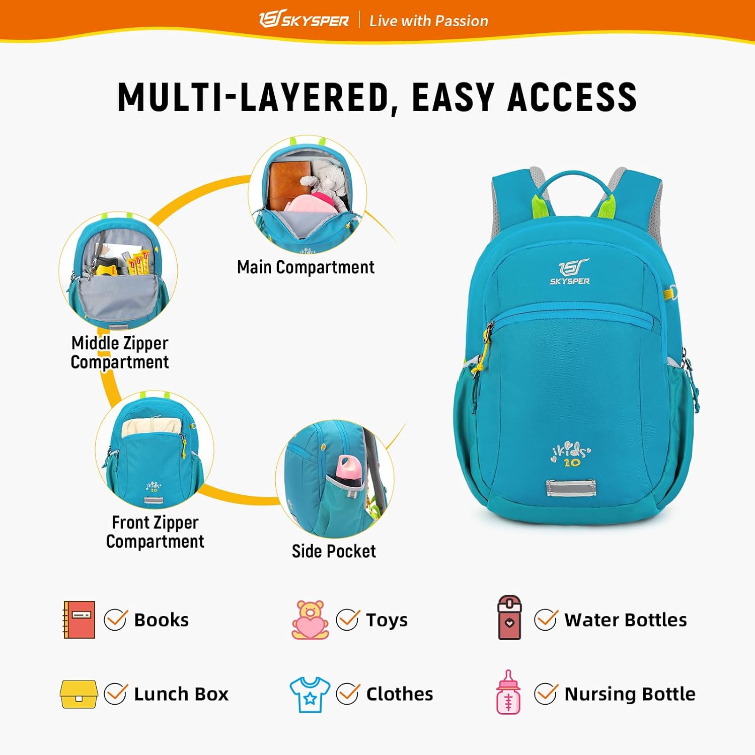 Detalle de SKYSPER Kinderrucksack 10L mit Brustgurt – Wanderrucksack für Jungen & Mädchen