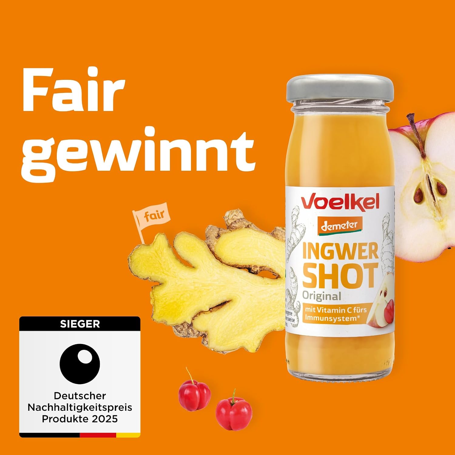 Detalle de Voelkel Bio Ingwer Shot Original mit Vitamin C – Demeter-Qualität im 16er-Pack
