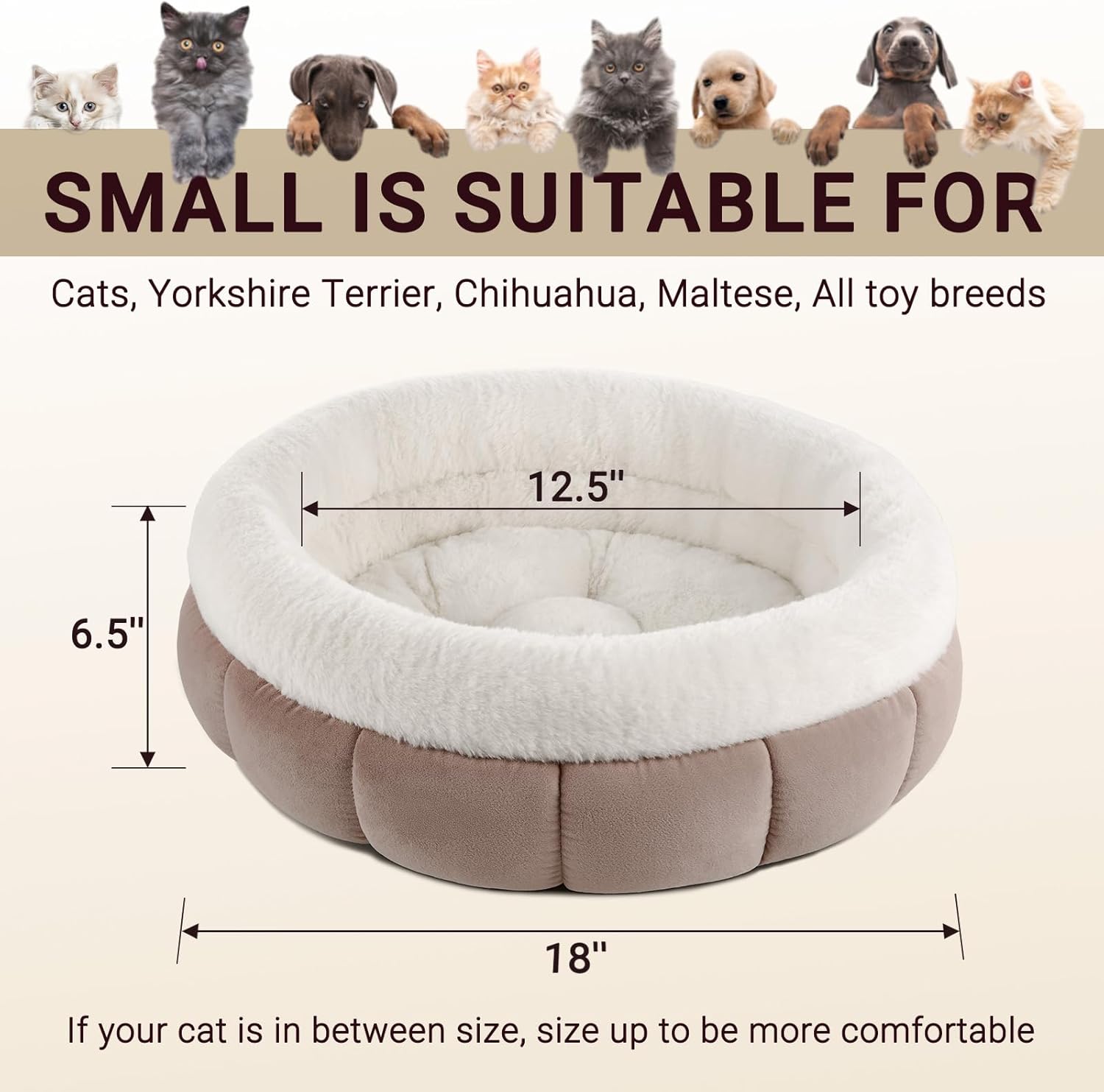 Thumbnail 1 de EDMIENS Small Cat Bed, Round Donut Cushion – 45x45x16.5cm, Brown