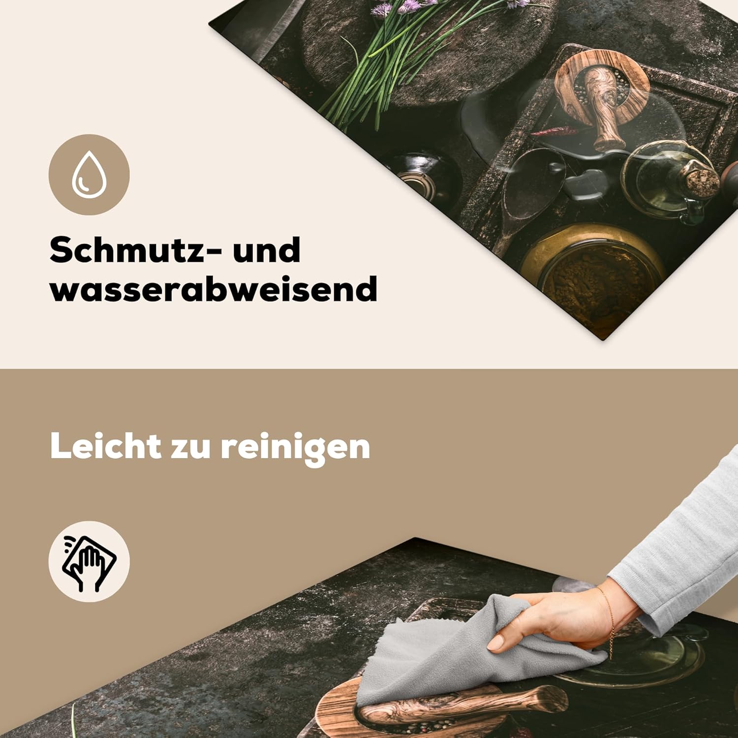 Thumbnail 3 de KitchenYeah Herdabdeckplatte Einteilig für Ceranfeld – Fotodruck „Kräuter/Gewürze“ (81x52 cm), Braun