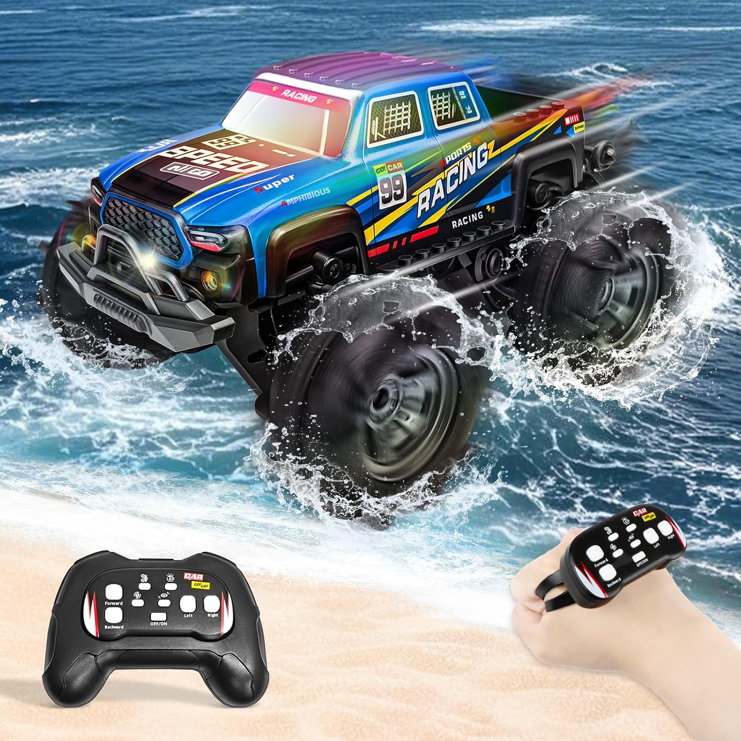 Detalle de Charmofun Amphibisches Fernsteuerauto 1:16 – 4WD, wasserdicht, Gestensensor und LED-Beleuchtung