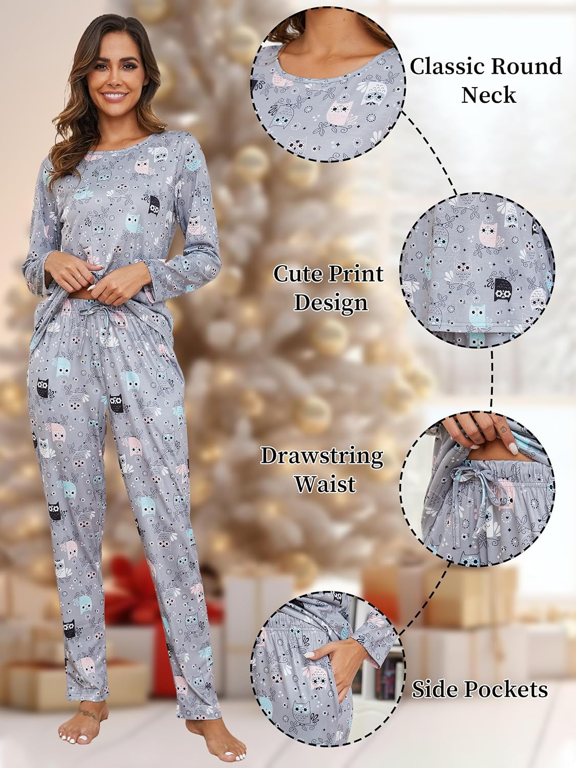 Detalle de Reliwel Damen-Schlafanzug Lang aus Baumwolle – Pyjama-Set mit Langarm-Oberteil und langer Schlafanzughose