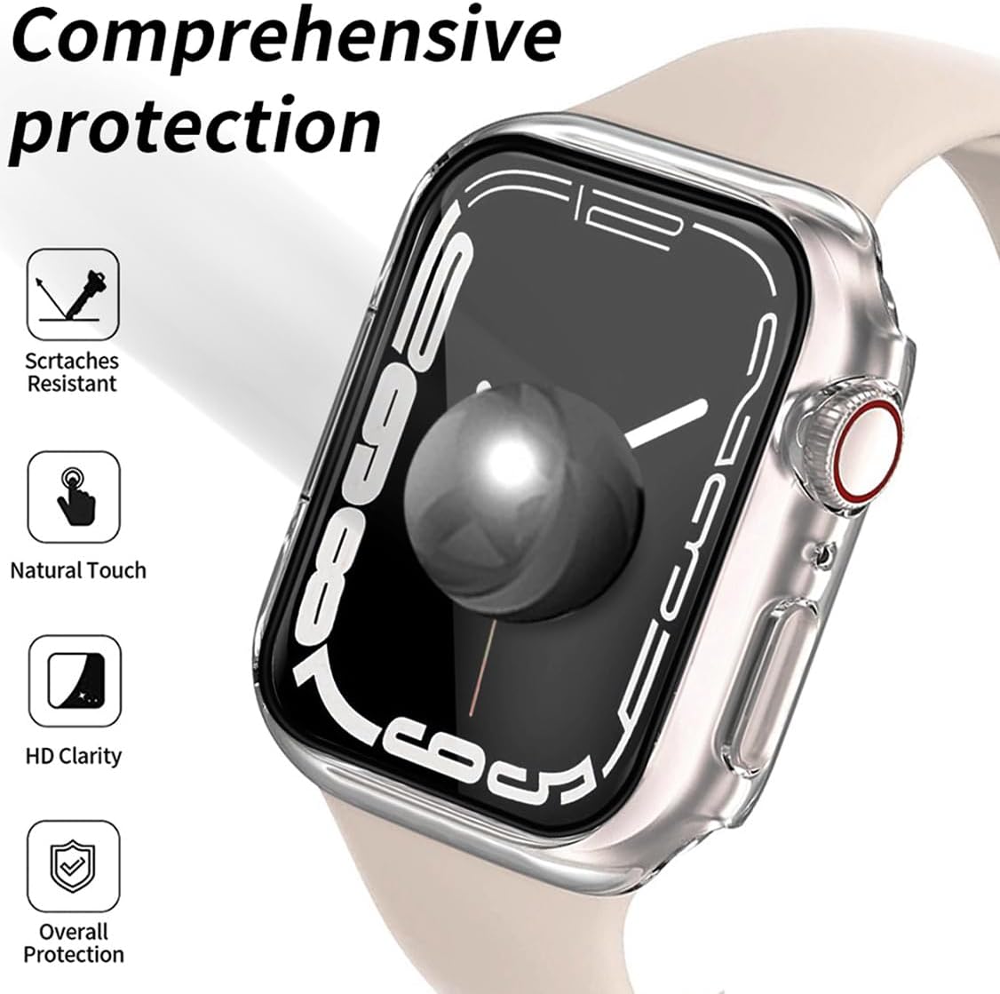 Detalle de HANKN Hart Hülle + Displayschutz 2er-Set für Apple Watch Series 9/8/7 45mm – Klarer Schutz aus PC und gehärtetem Glas