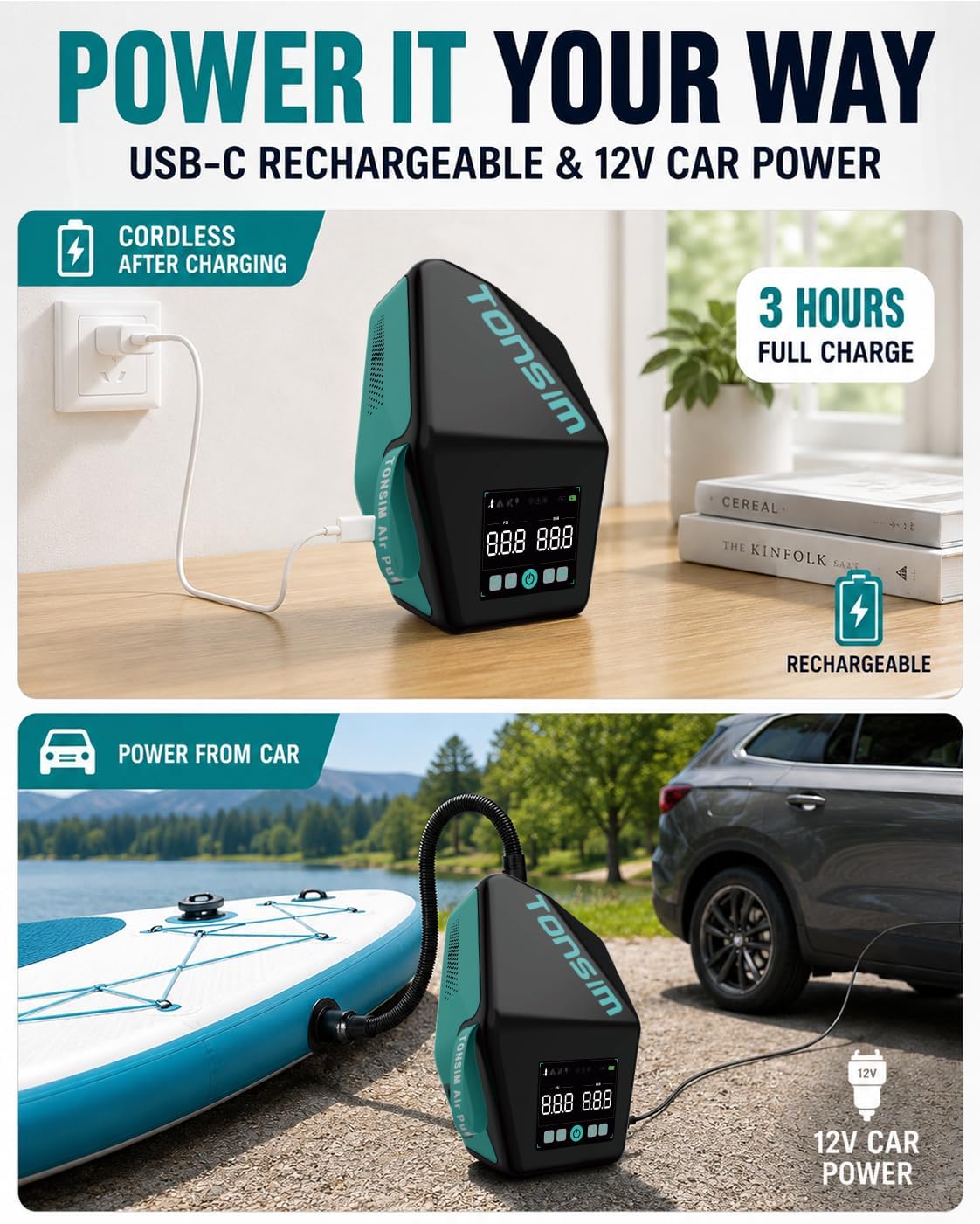 Detalle 2 de Tonsim Electric Paddle Board Pump 20 PSI review: practical power in a compact pump