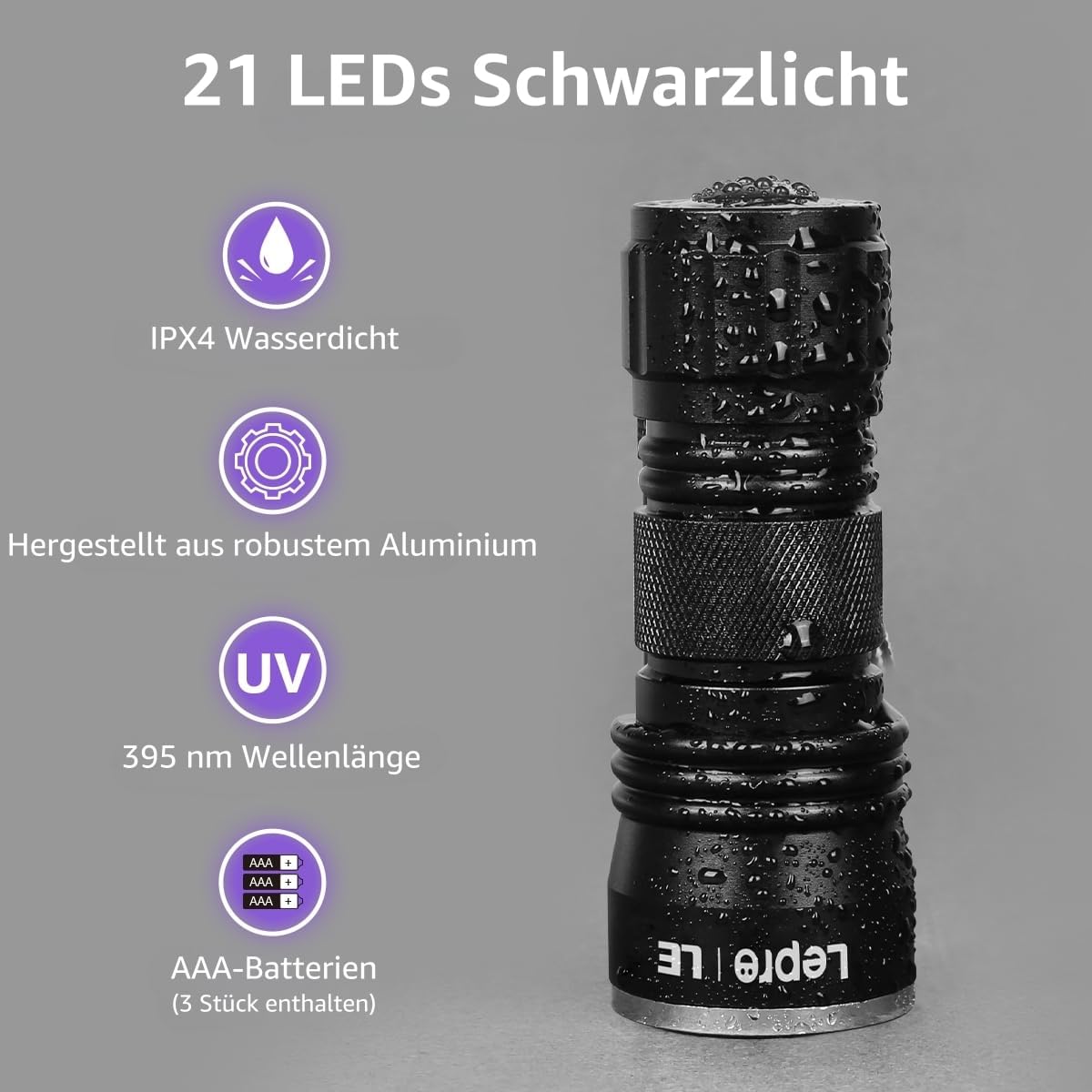 Detalle 2 de Lepro UV Taschenlampe 21 LEDs 395nm 🔦