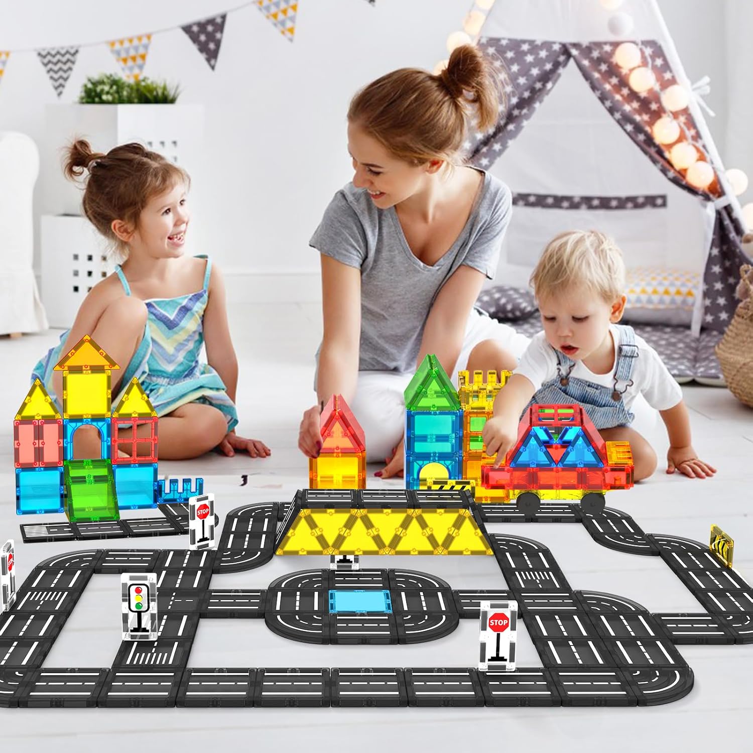 Detalle de obakaer Magnetic Tiles Road Building Blocks Set – Ultimate Road Expansion for Magnetic Tile Builders