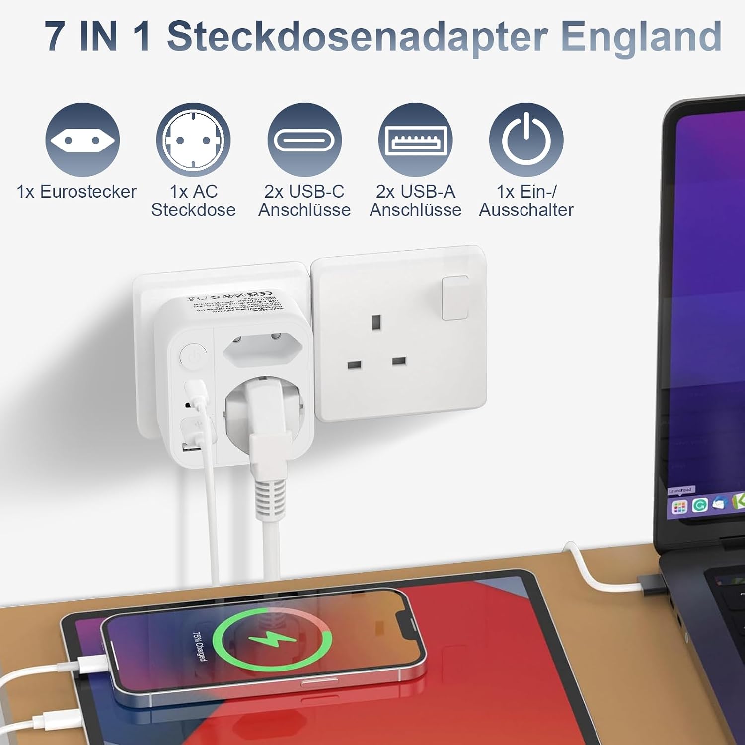 Detalle de Dalimee Reiseadapter UK Typ G (7 in 1) für England/Irland/Schottland & Dubai – Adapter von EU auf UK