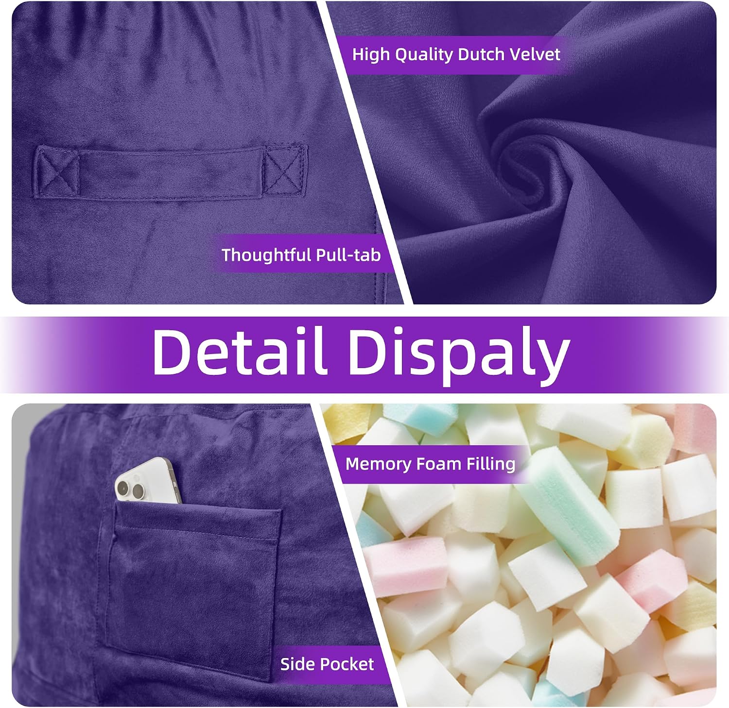 Detalle 2 de HABUTWAY BEAN BAG CHAIR 3FT Velvet Bean Bag Chair, Purple, Memory Foam